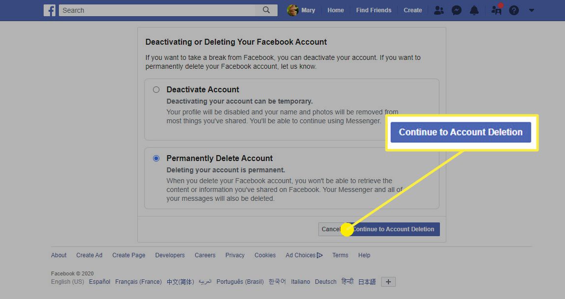 Možnost Odstranění účtu na Facebooku ve webovém prohlížeči.