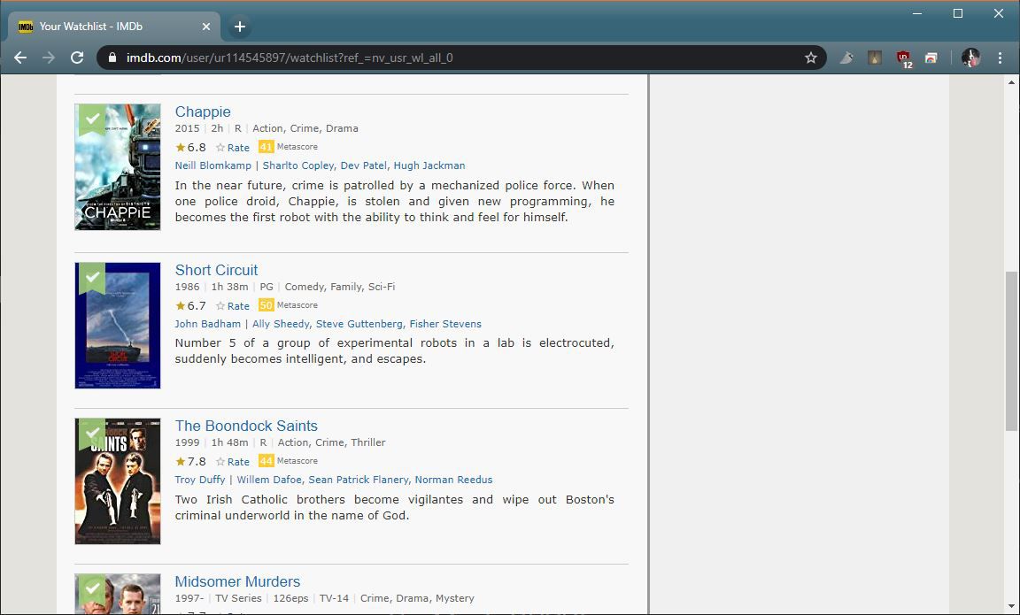 Snímek obrazovky sledovacího seznamu IMDB TV.