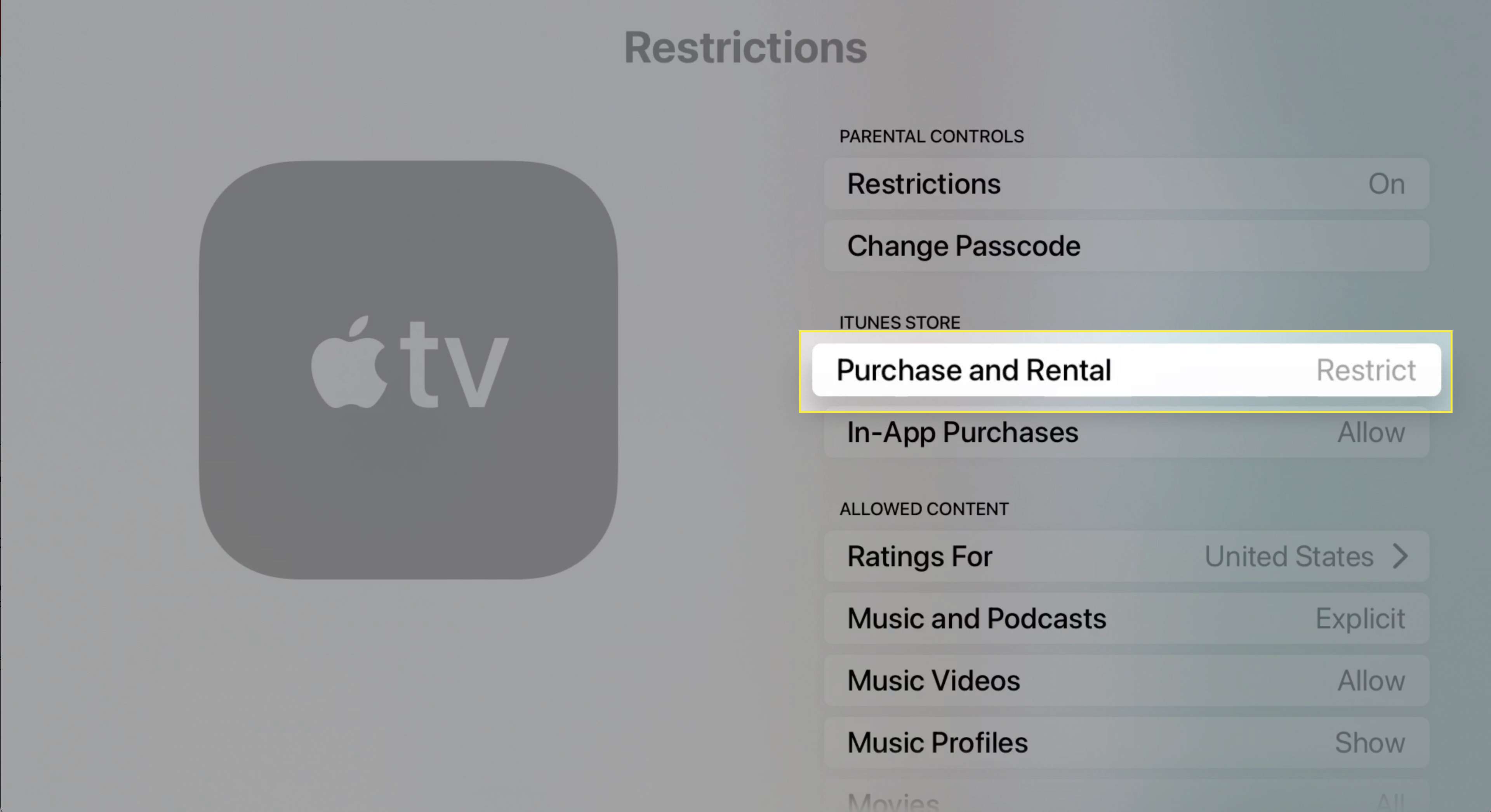 Nastavení omezení Apple TV se zvýrazněným omezením nákupu a pronájmu