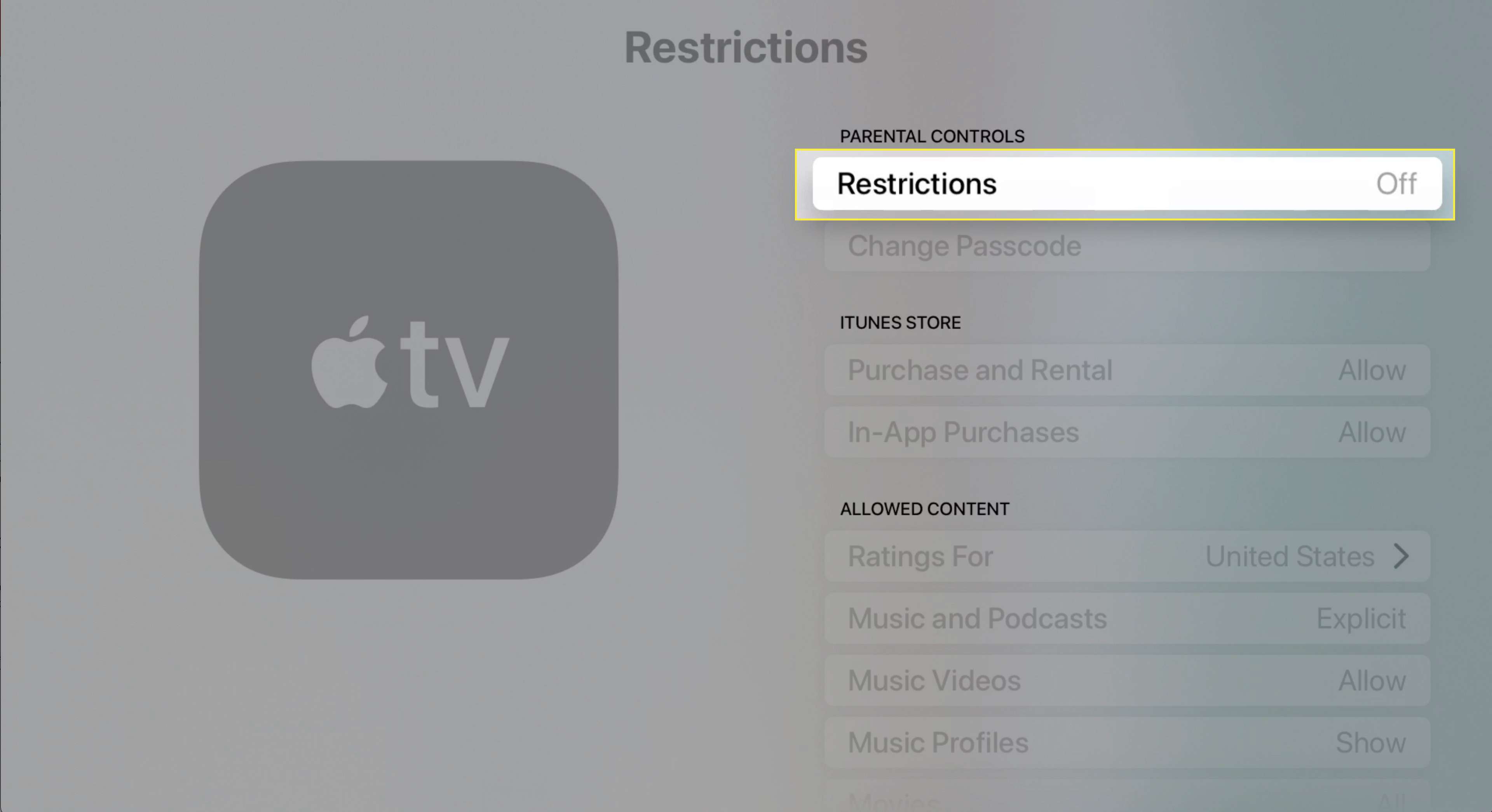 Obecná nastavení Apple TV se zvýrazněnými omezeními