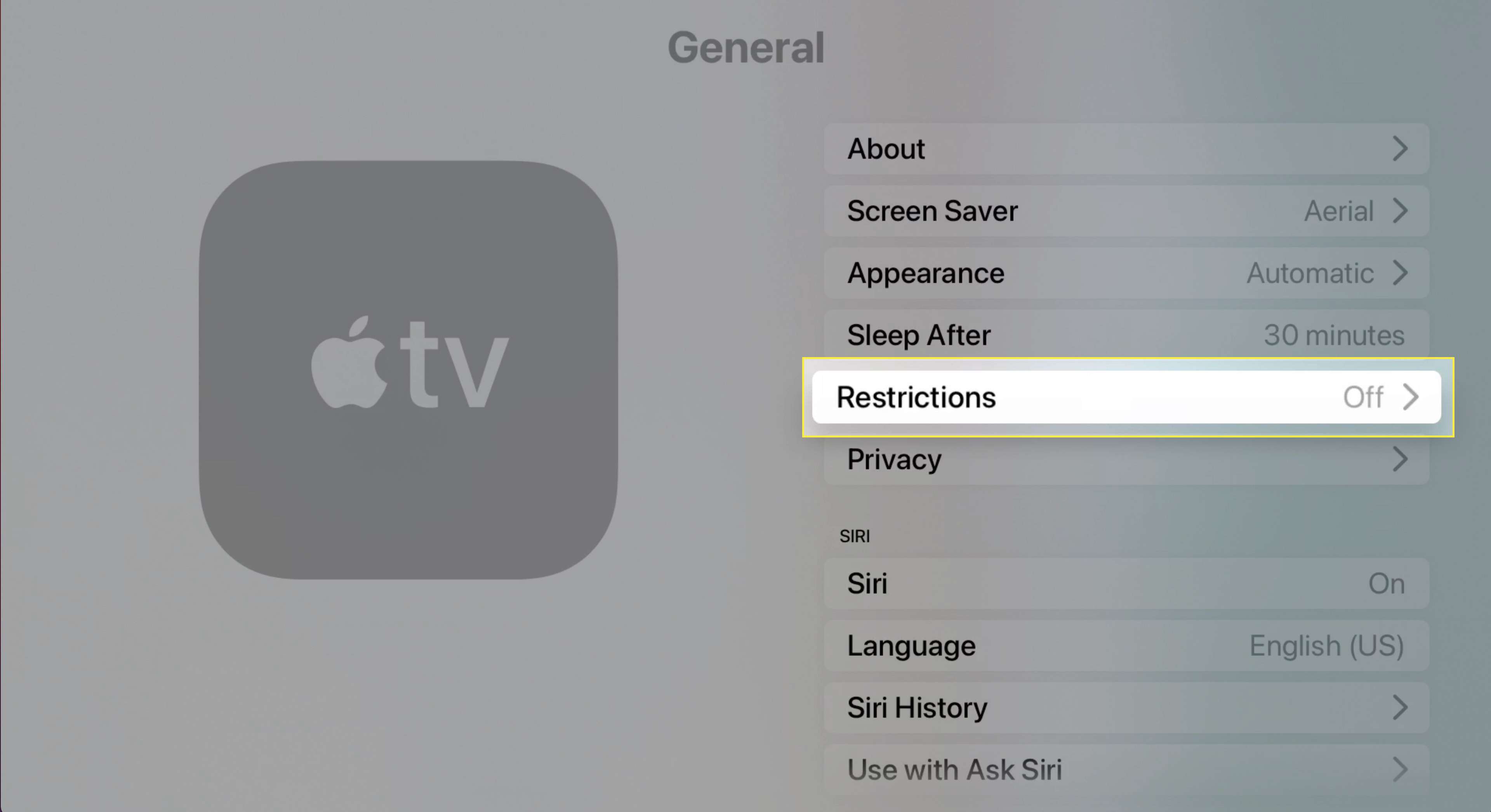 Obecná nastavení Apple TV se zvýrazněnými omezeními