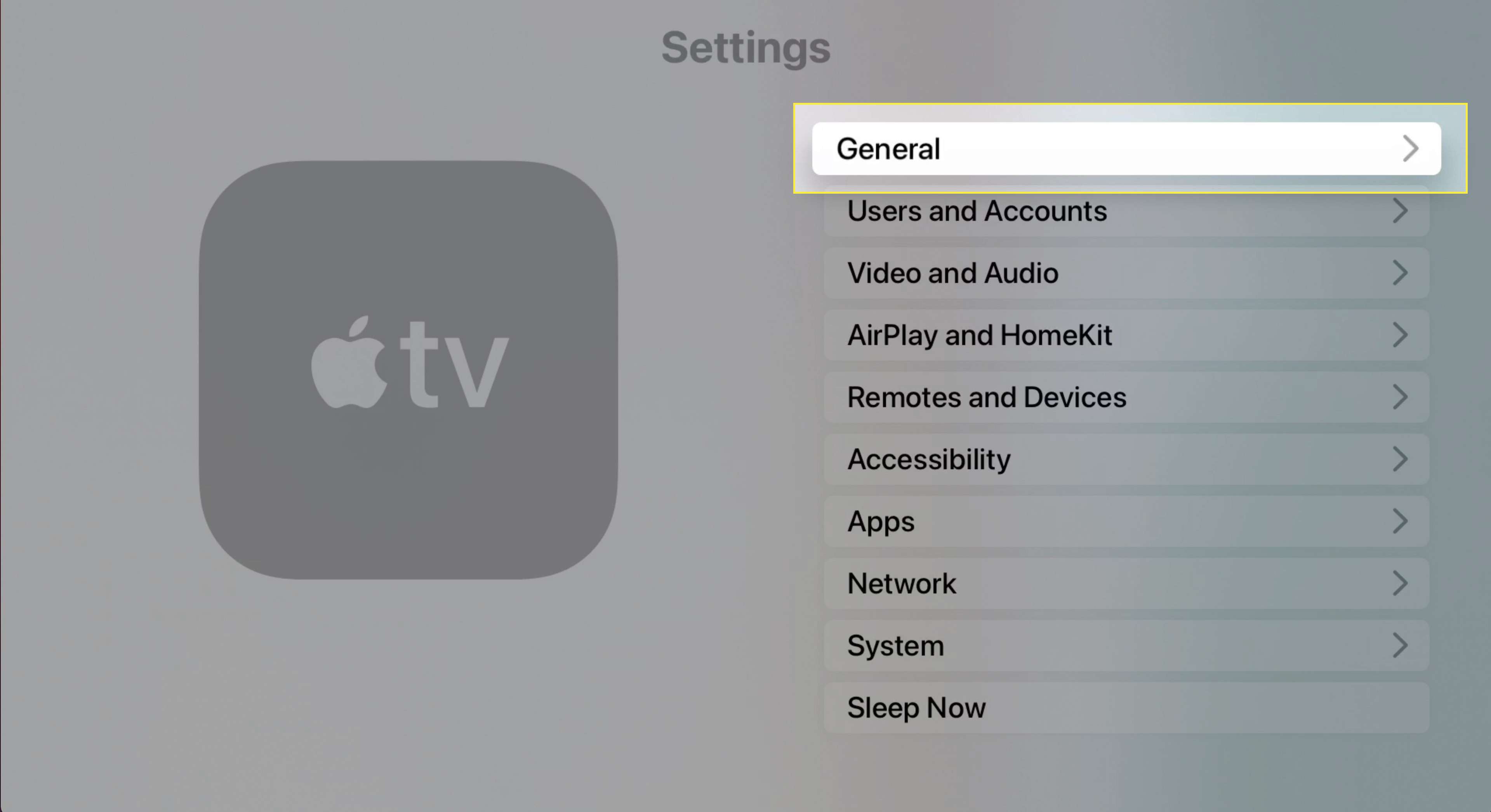 Nabídka Nastavení Apple TV se zvýrazněnou položkou Obecné