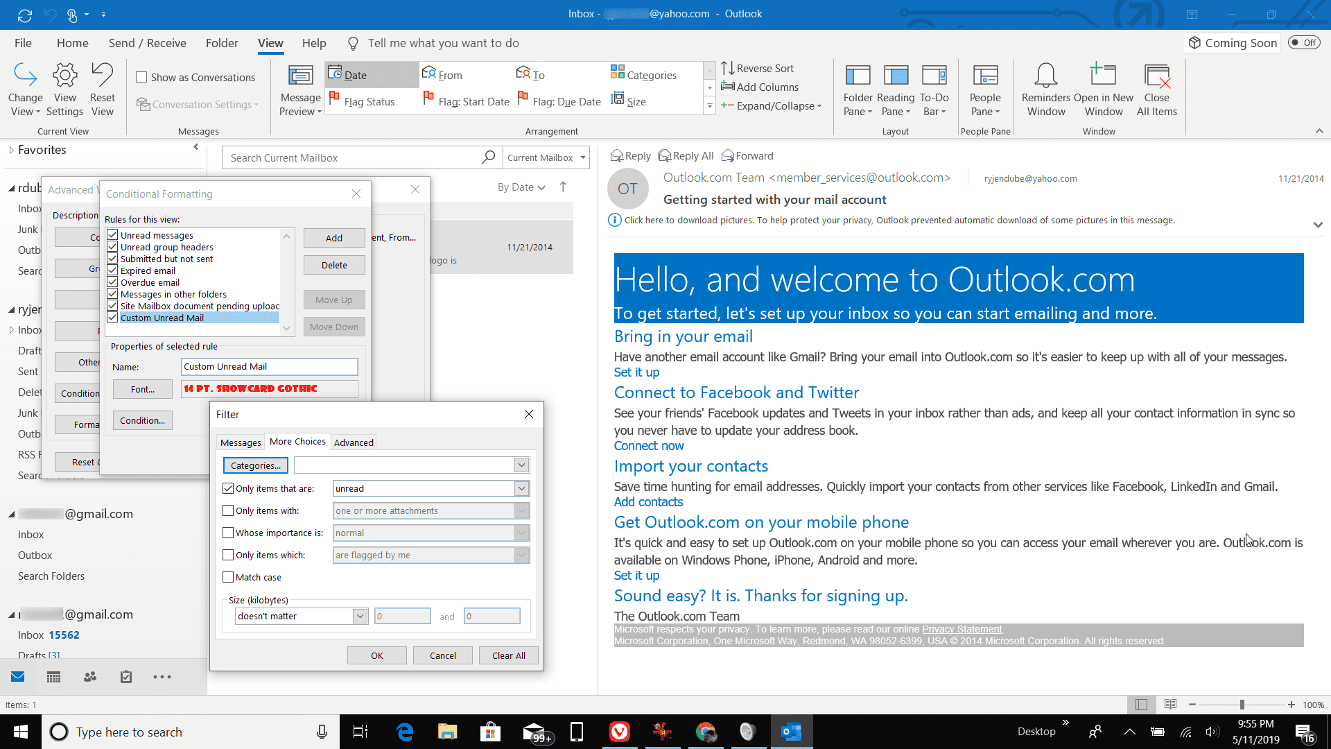 Screenshot nastavení nepřečteného souboru v aplikaci Outlook