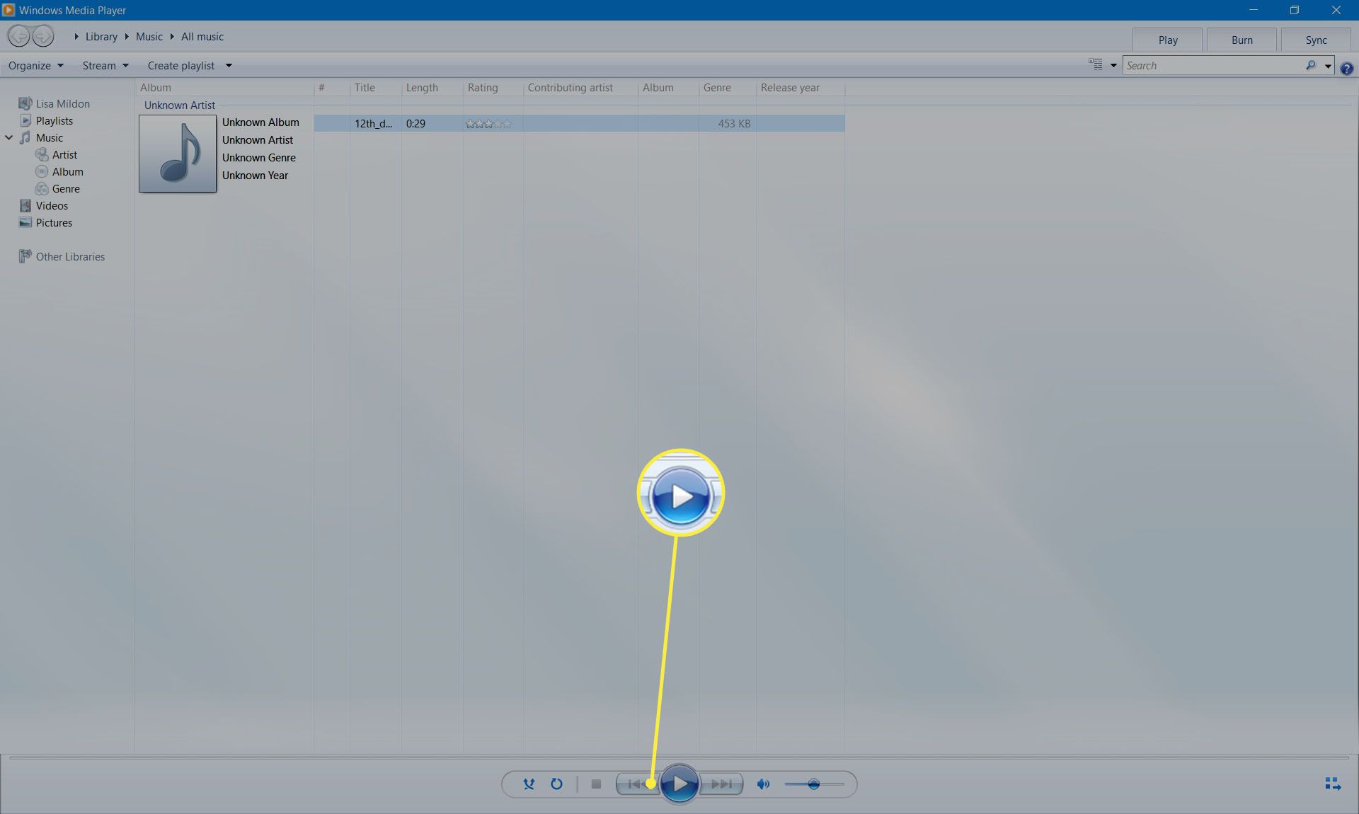 Tlačítko Přehrát v programu Windows Media Player 12.