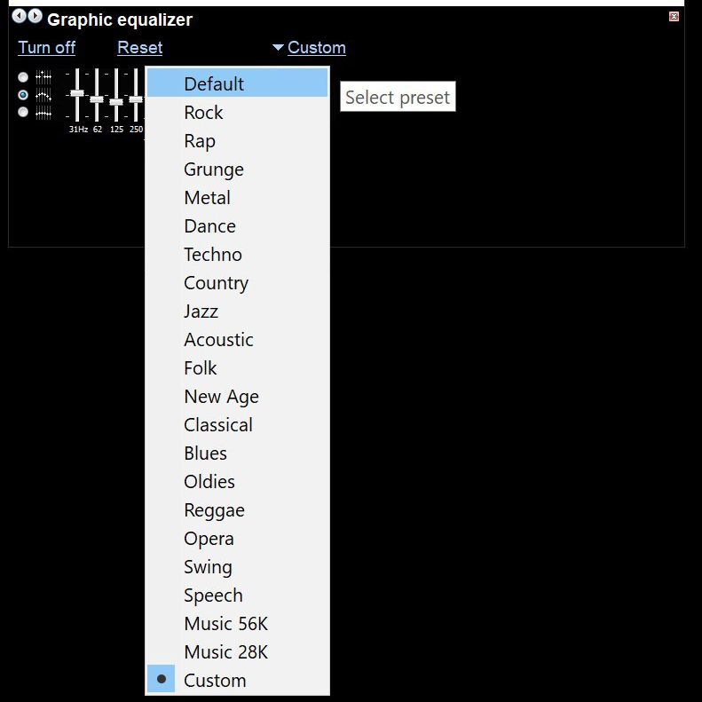 Screenshot zobrazující 12 předvoleb programu Windows Media Player