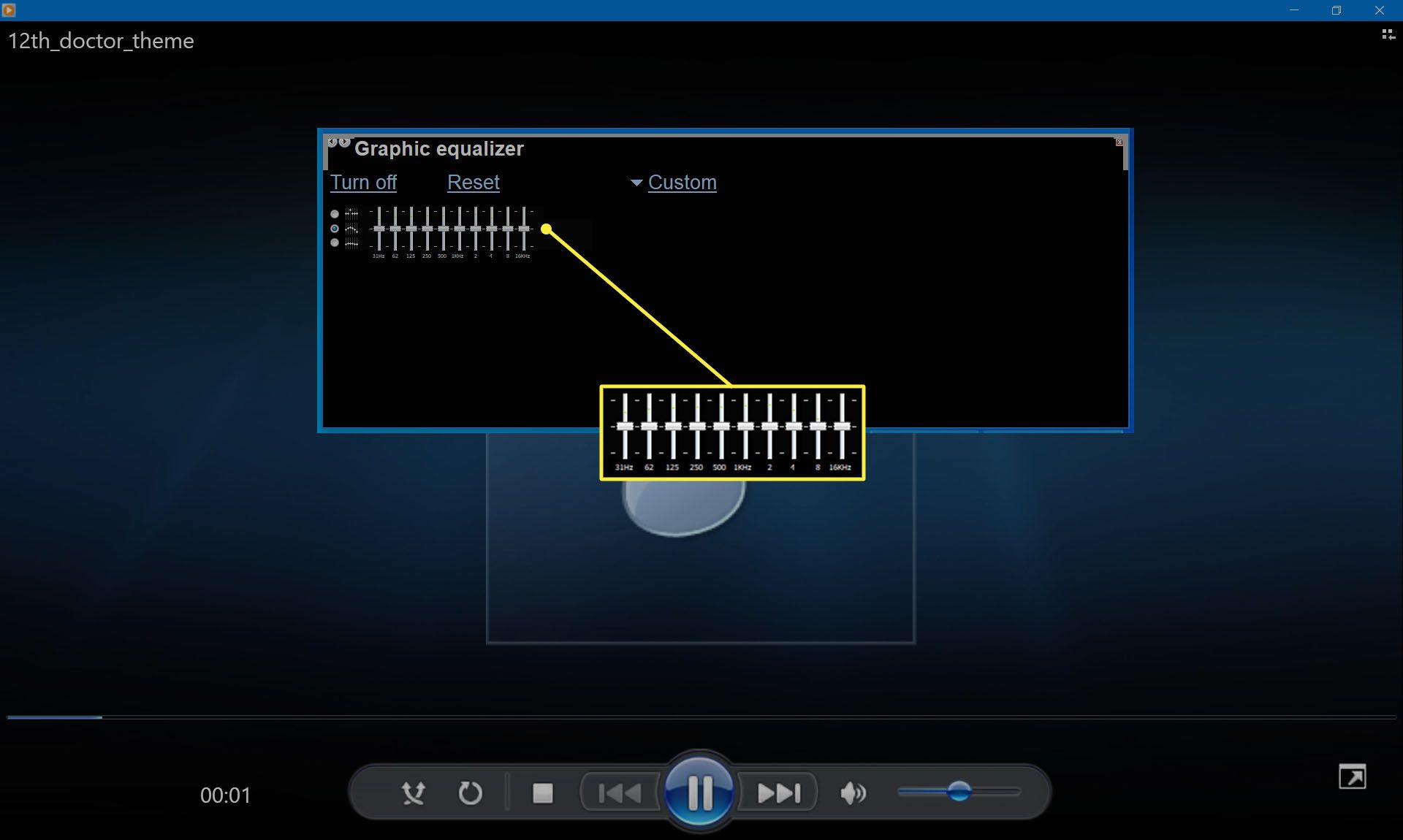 Posuvníky ekvalizéru v programu Windows Media Player 12.