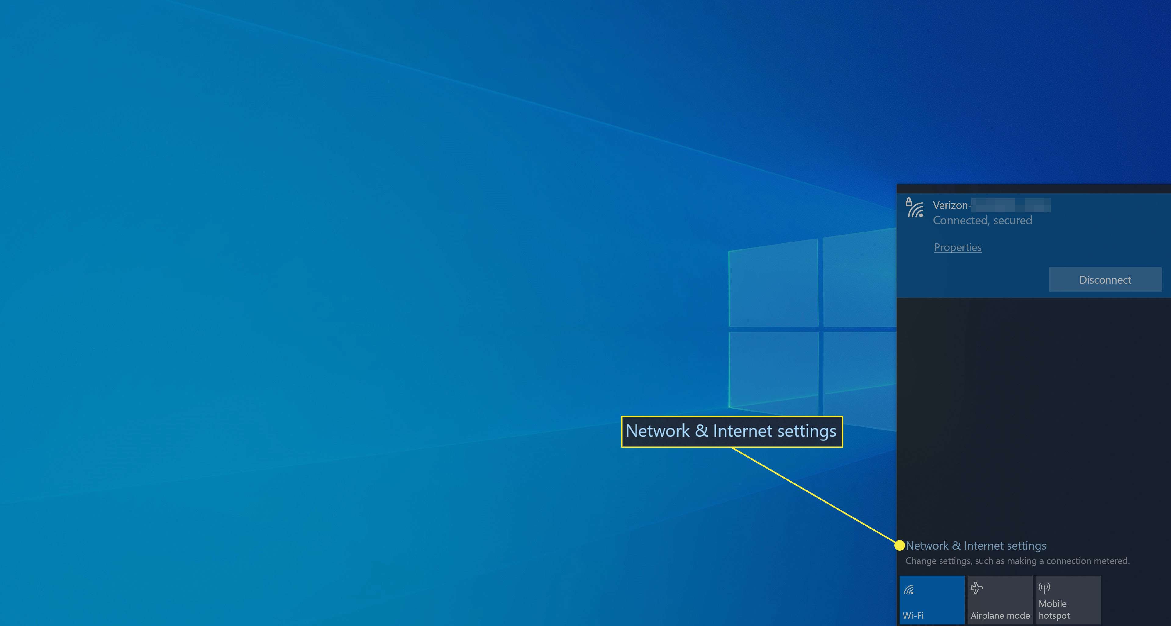 Výběr nastavení sítě a internetu v systému Windows 10.