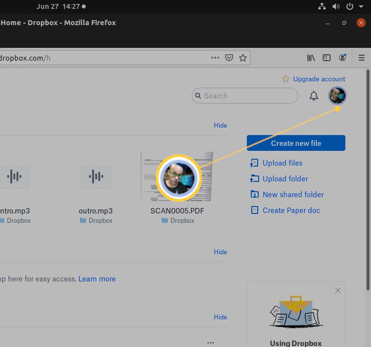 Screenshot tlačítka profilu Dropbox.