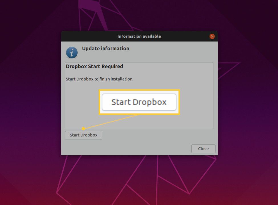 Screenshot tlačítka Spustit Dropbox.