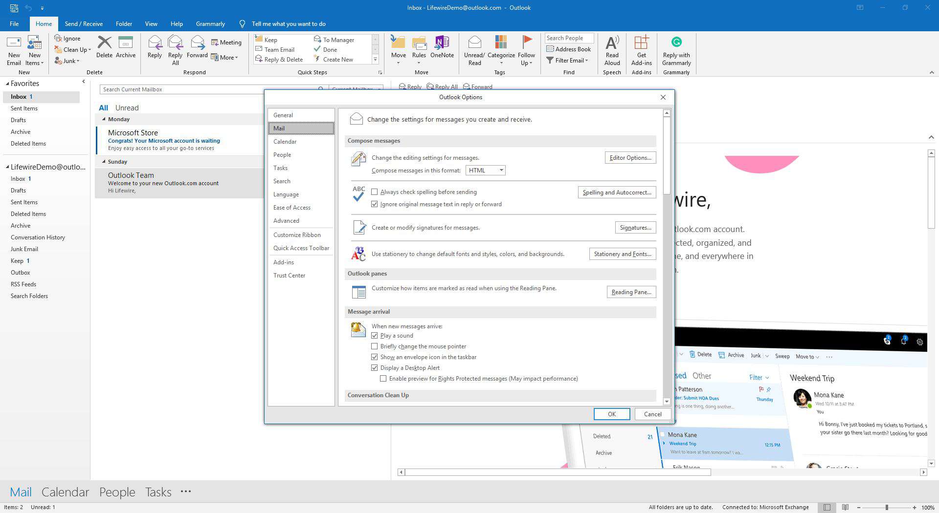 Dialogové okno Možnosti aplikace Outlook s vybraným nastavením pošty.