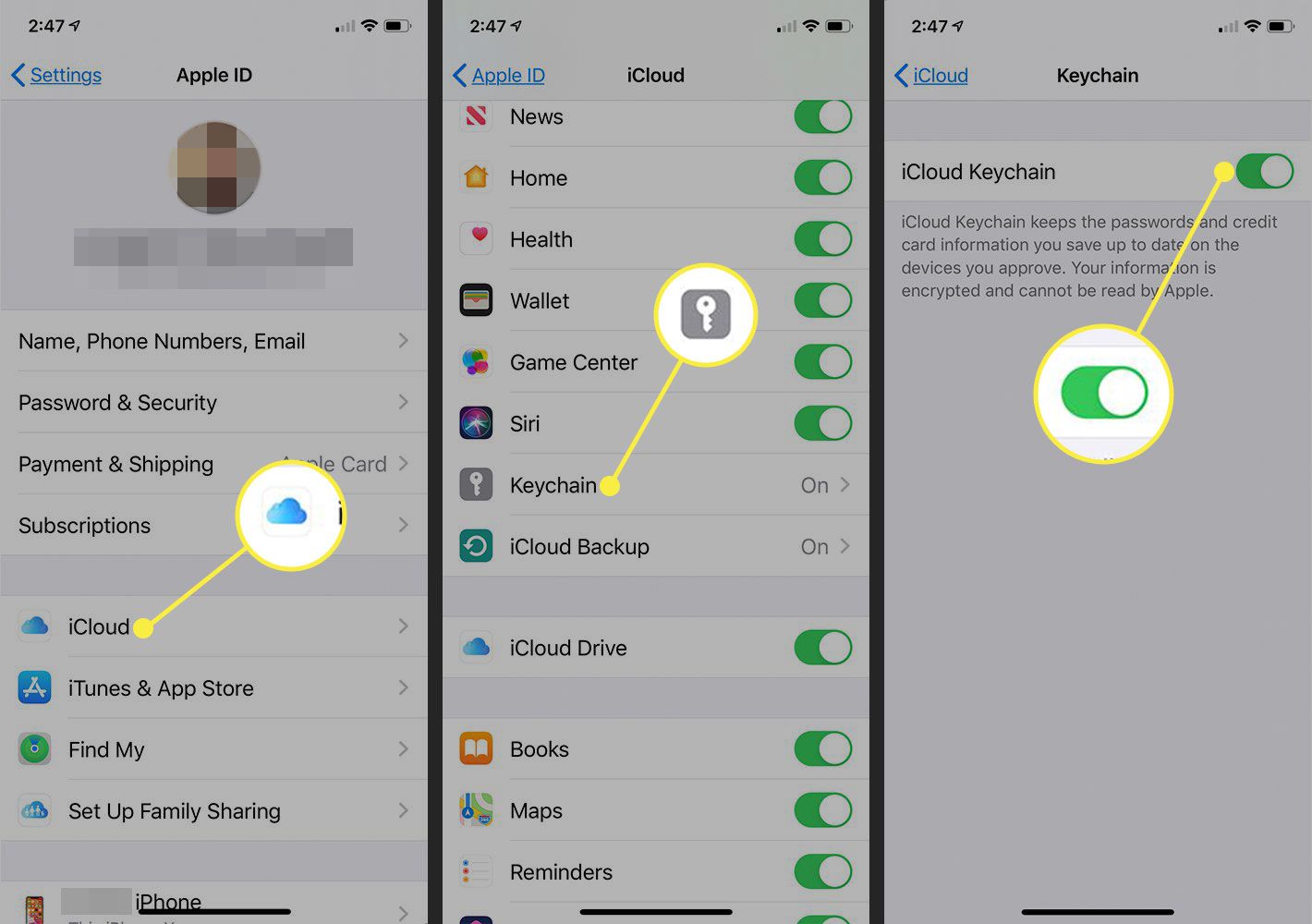 Screenshoty z iPhonu ukazující cestu k zapnutí iCloud Keychain
