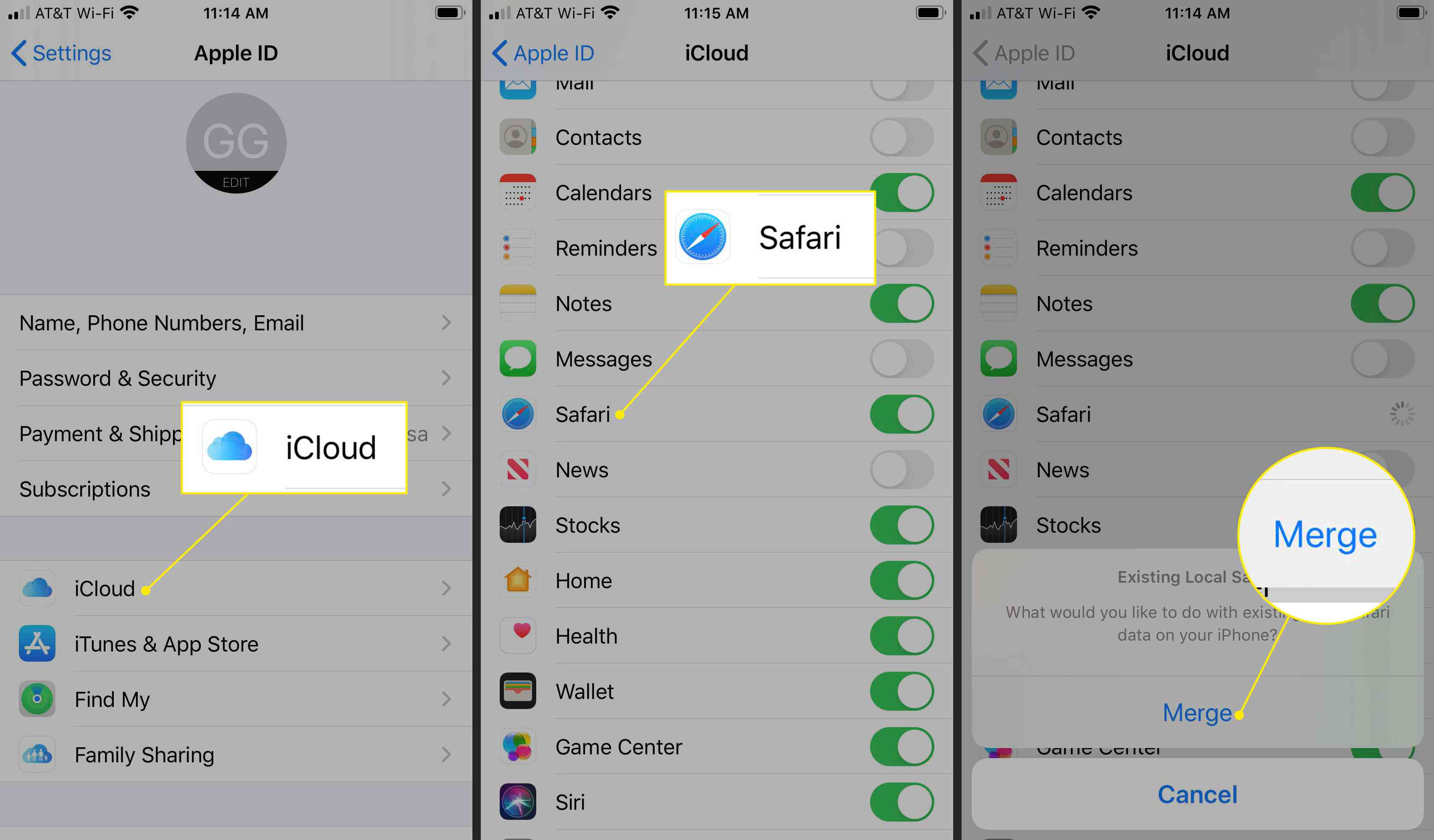 Nastavení iOS se zvýrazněnými tlačítky iCloud, Safari a Merge