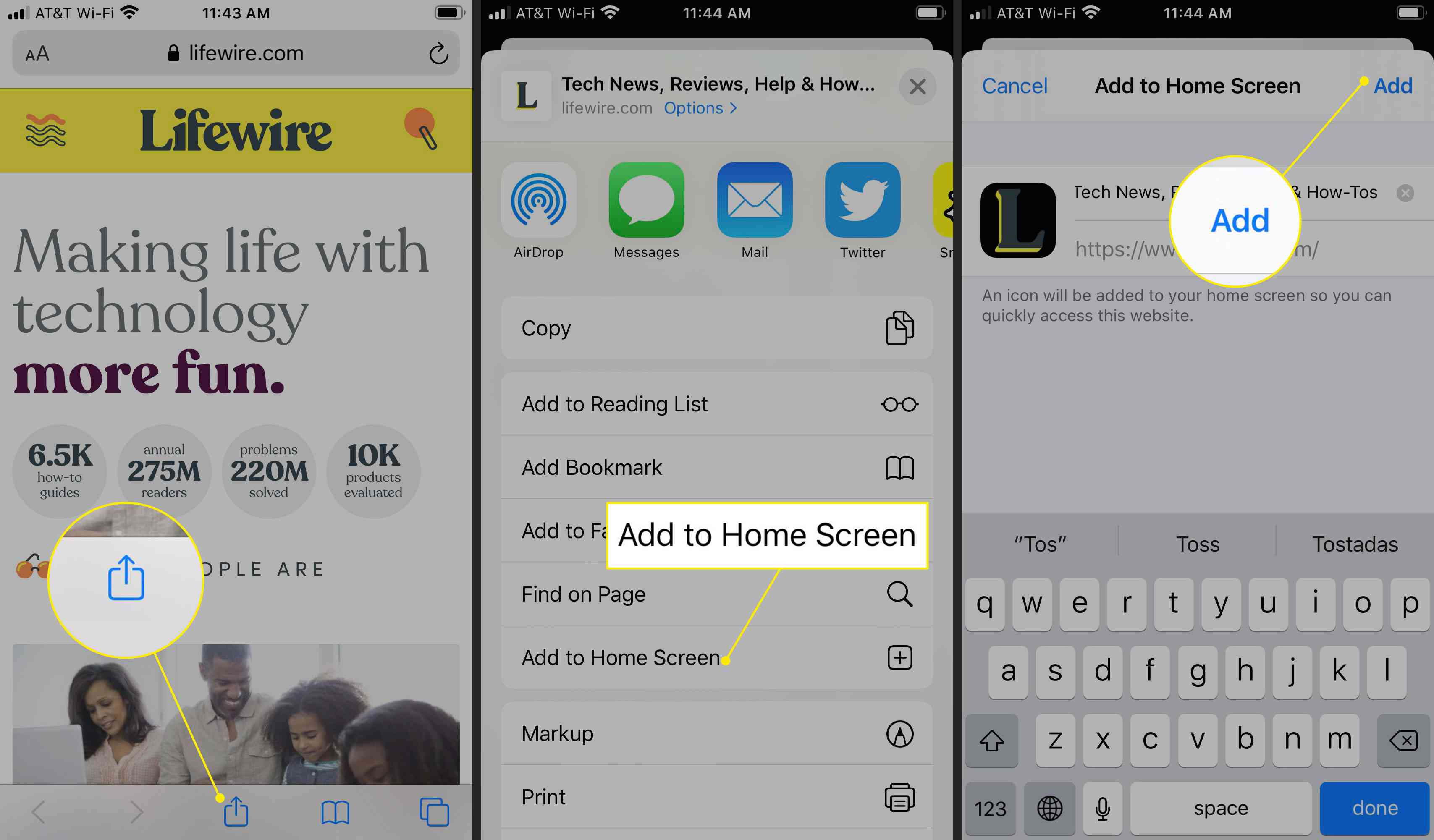 Příkazy Sdílet, Přidat na domovskou obrazovku a Přidat v Safari pro iOS