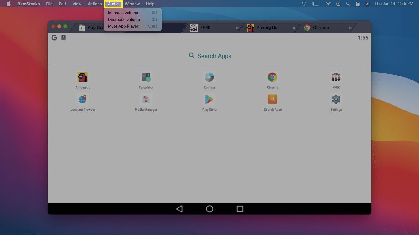Možnosti zvuku v BlueStacks na Macu.