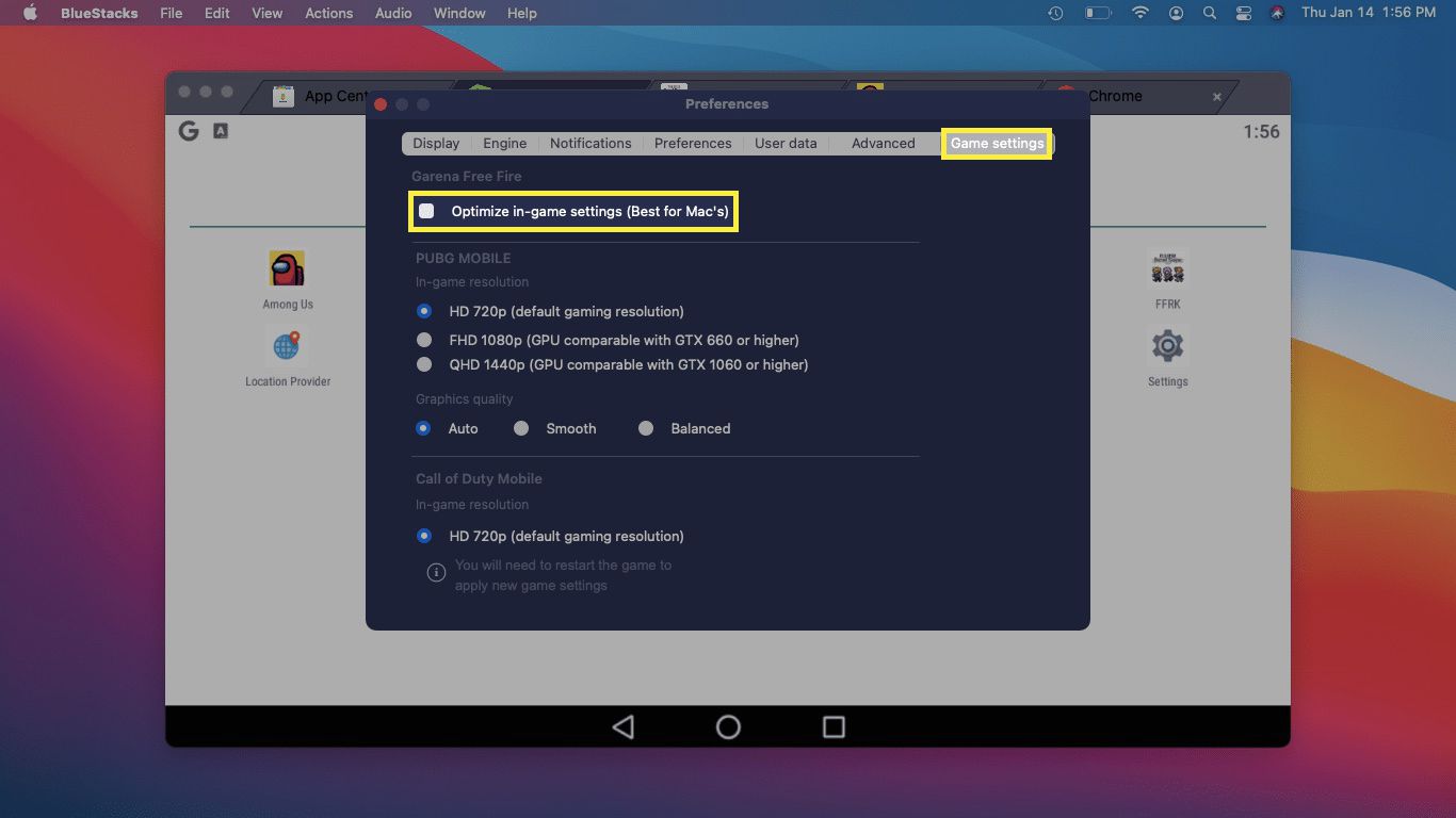 Nastavení hry v BlueStacks na Macu.