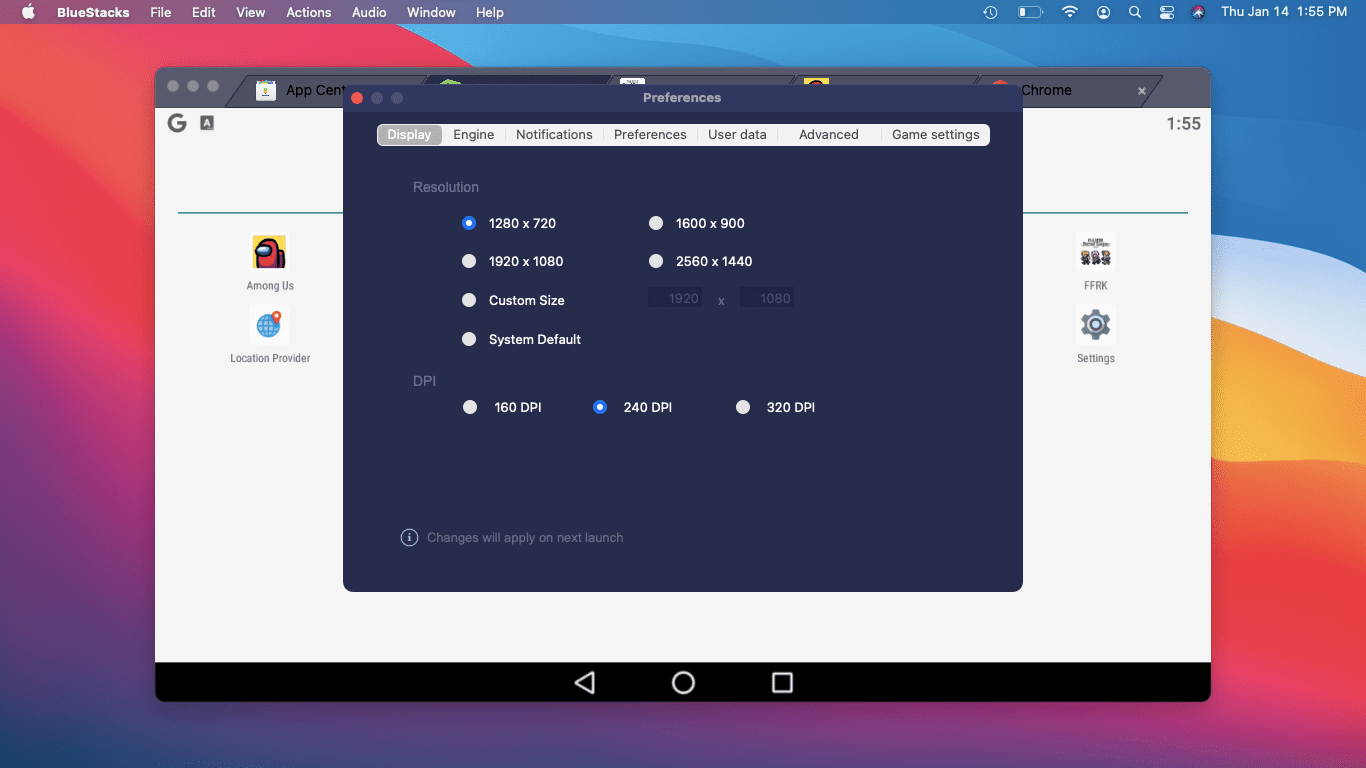 Předvolby BlueStacks pro Mac.