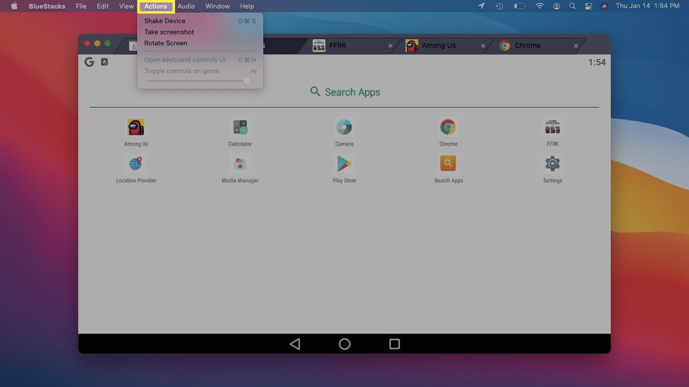 Možnosti akcí v BlueStacks na Macu.