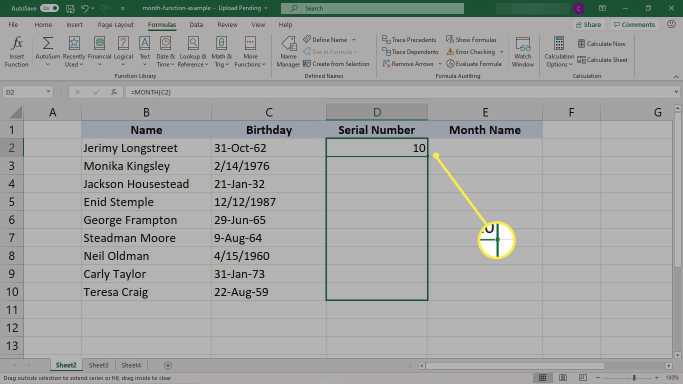 Kopírování funkce MĚSÍC do sloupce buněk v aplikaci Excel