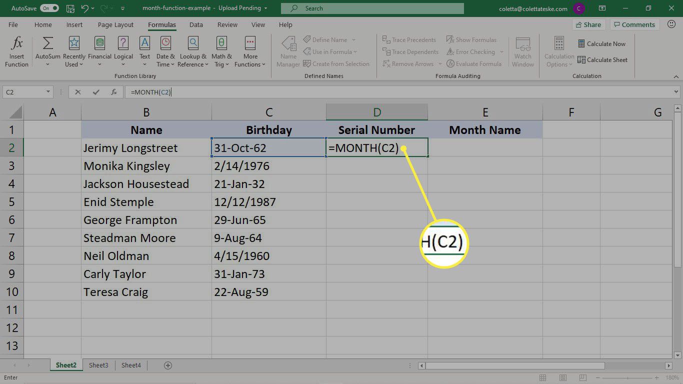 Zadání funkce MĚSÍC v aplikaci Excel