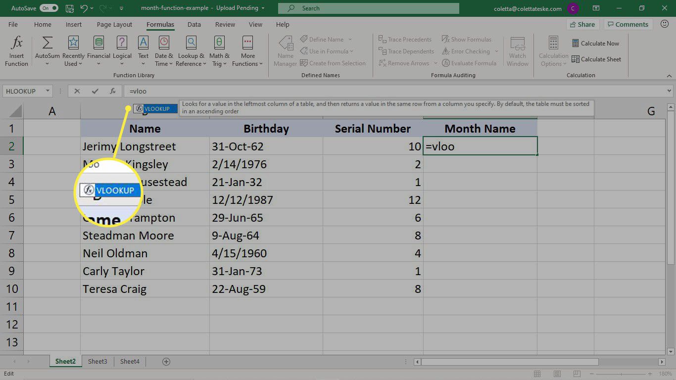 Zadáním funkce VLOOKUP v aplikaci Excel převedete sériová čísla na názvy měsíců