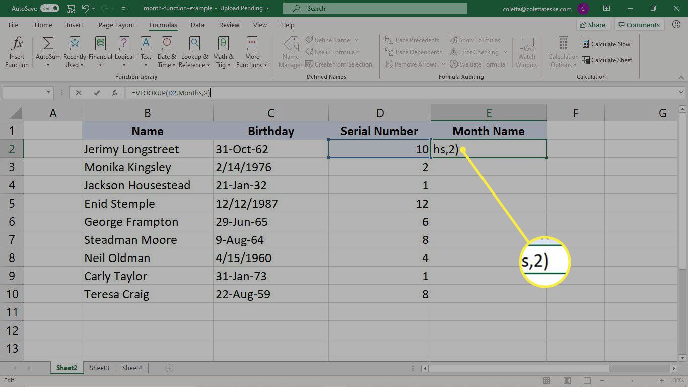 Dokončení vzorce VLOOKUP pro převod sériového čísla na text v aplikaci Excel