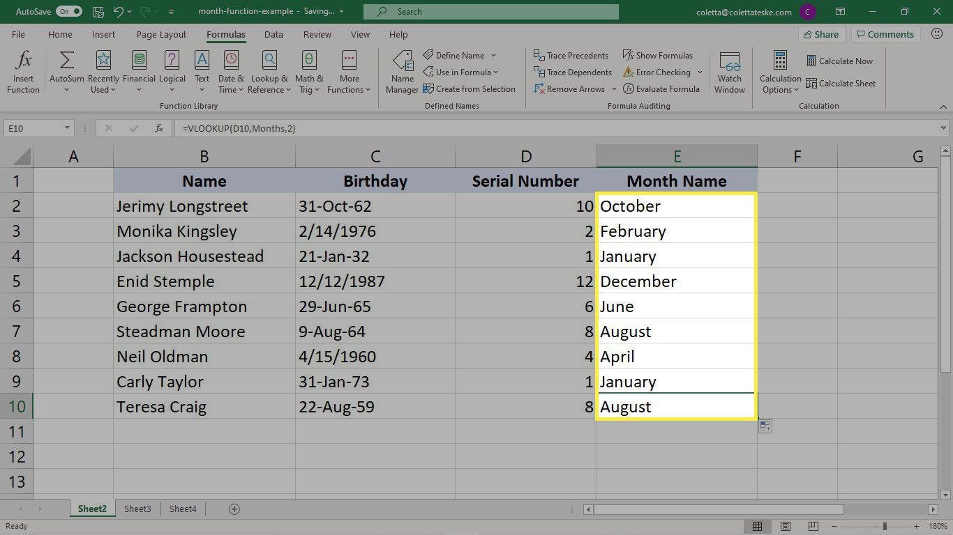 Výsledky vzorce VLOOKUP s převedenými sériovými čísly