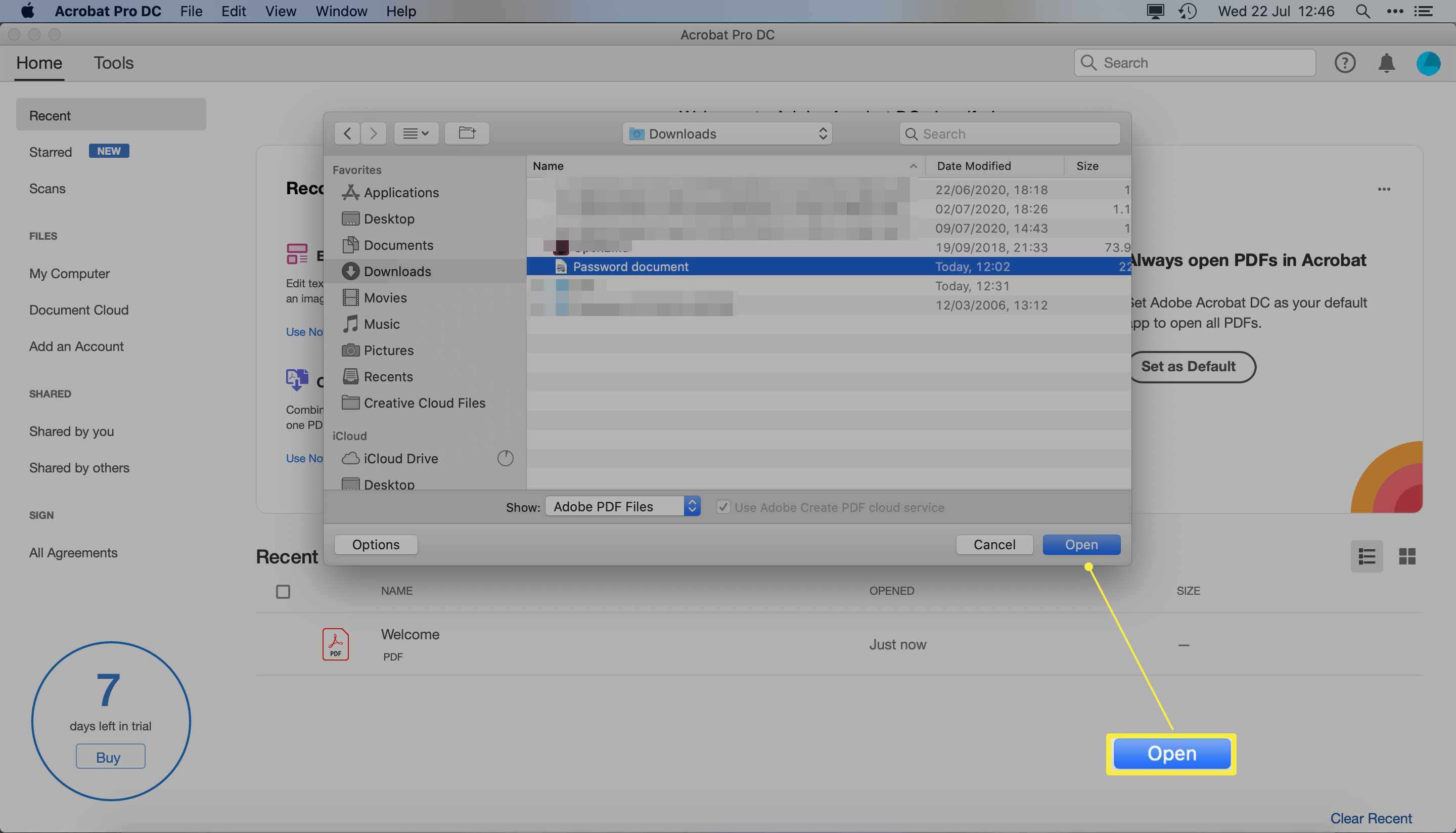 Adobe Acrobat Pro DC se zvýrazněným dialogovým oknem otevřeného souboru