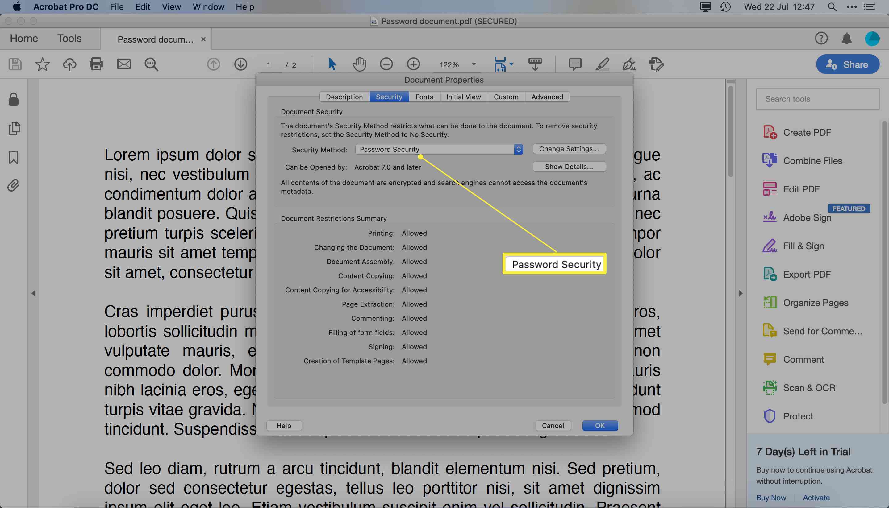 Adobe Acrobat Pro DC s otevřenými vlastnostmi dokumentu a zvýrazněnou metodou zabezpečení pro PDF