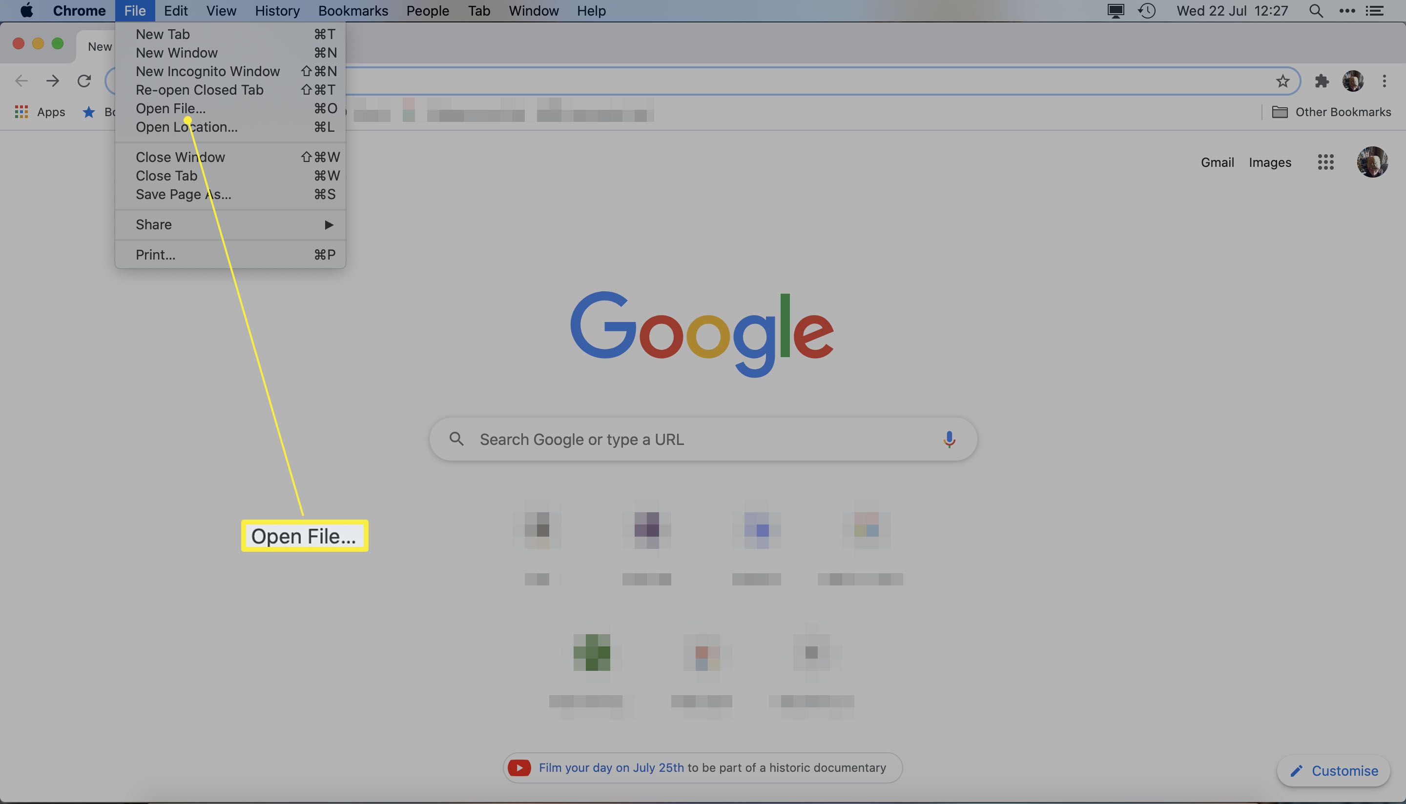 Google Chrome se zvýrazněným otevřeným souborem