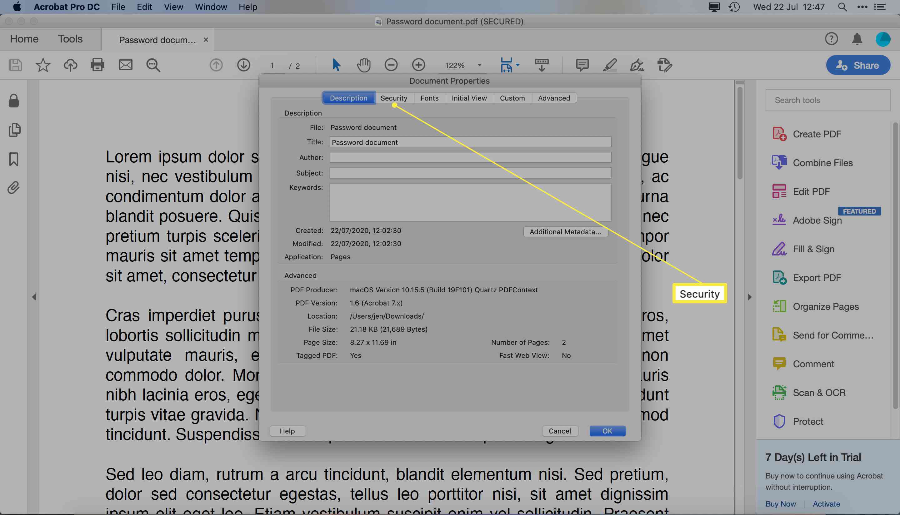 Adobe Acrobat Pro DC se zobrazenými vlastnostmi dokumentu pro PDF