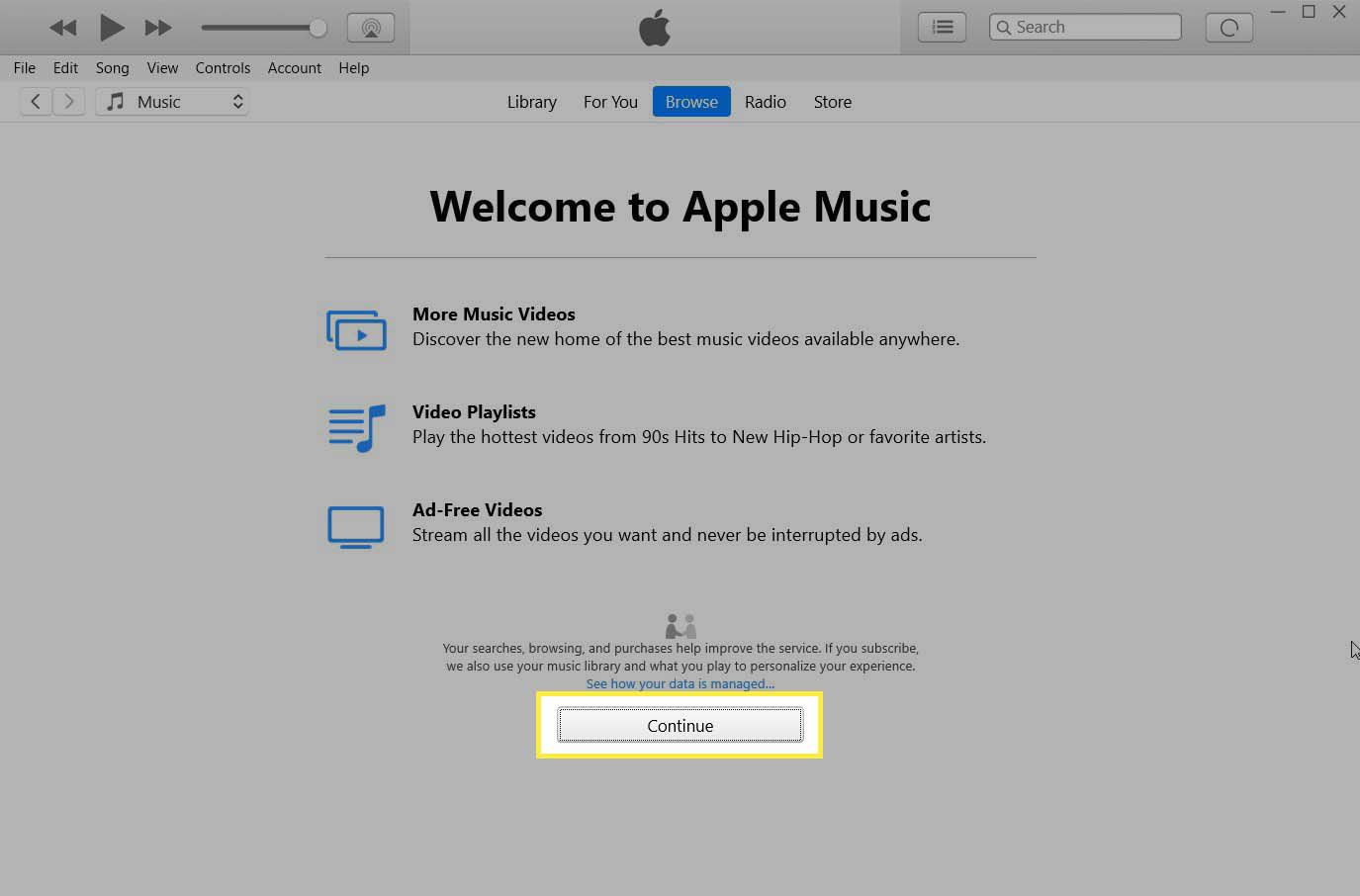 Tlačítko Pokračovat zvýrazněné na úvodní obrazovce Vítejte v Apple Music.