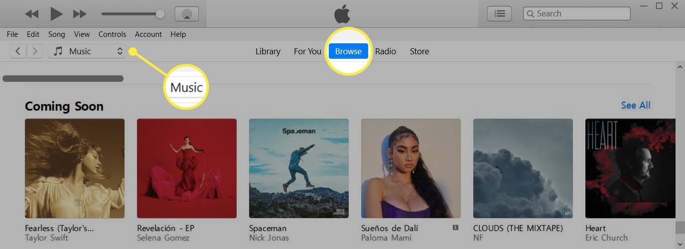 Hudební položka zvýrazněná v rozevírací nabídce spolu s kartou Procházet zvýrazněnou v Apple Music.