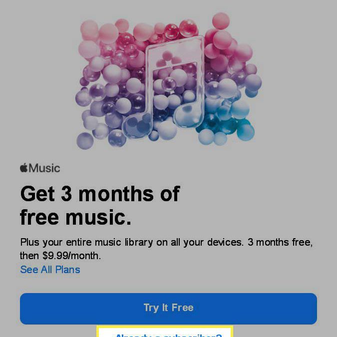V reklamě Apple Music je zvýrazněno tlačítko Already a Subscriber.