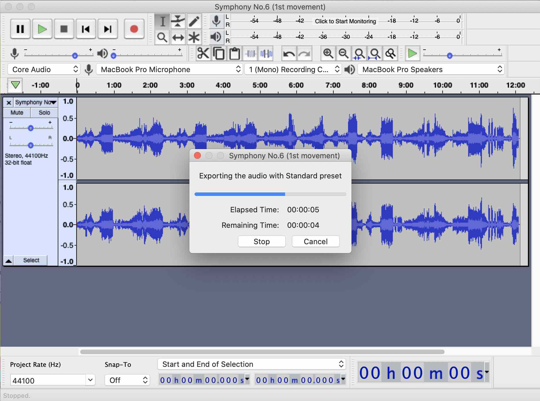Aplikace Audacity zobrazující časovou lištu procesu exportu do formátu MP3