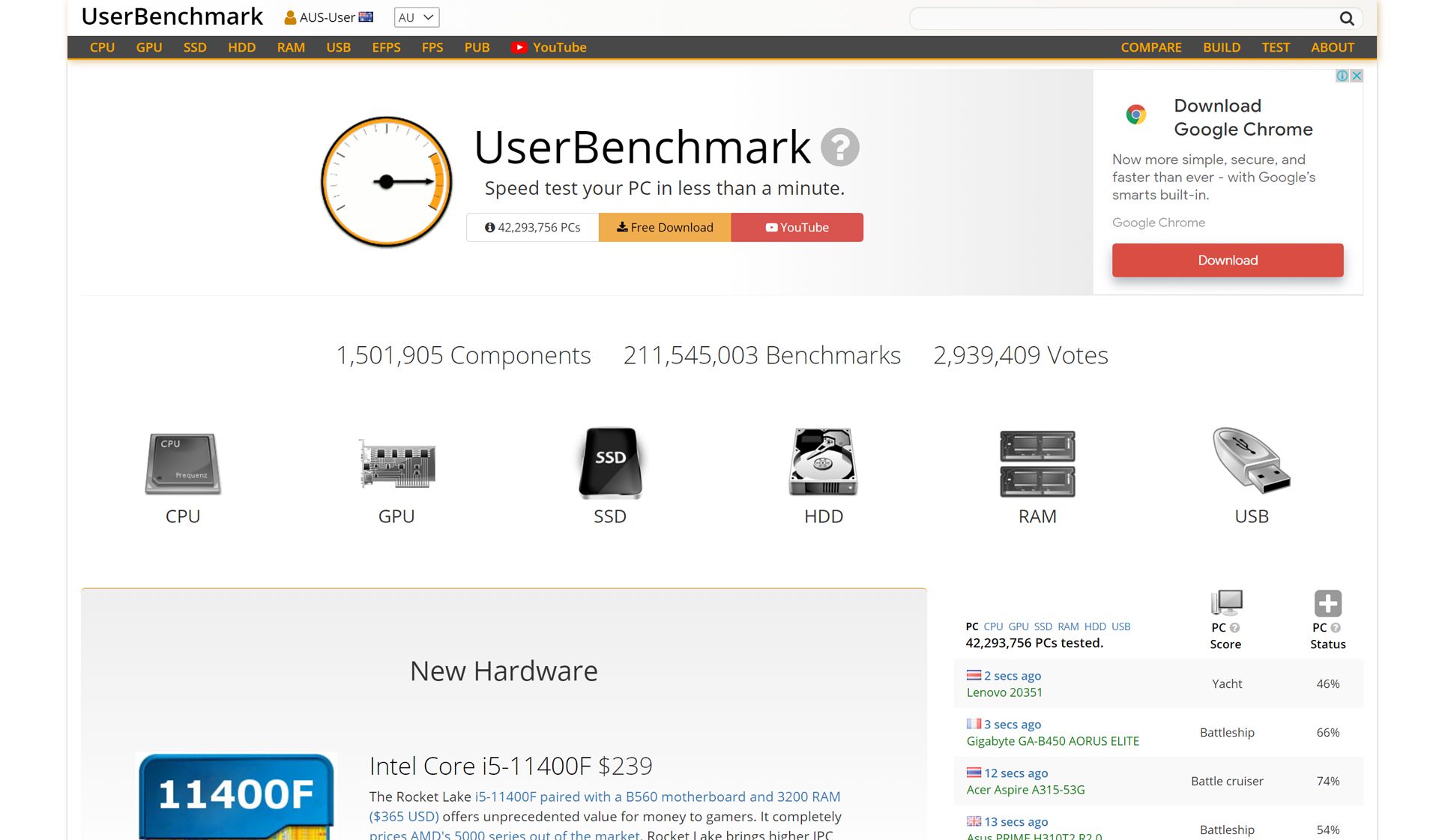 Web pro stahování UserBenchmark.