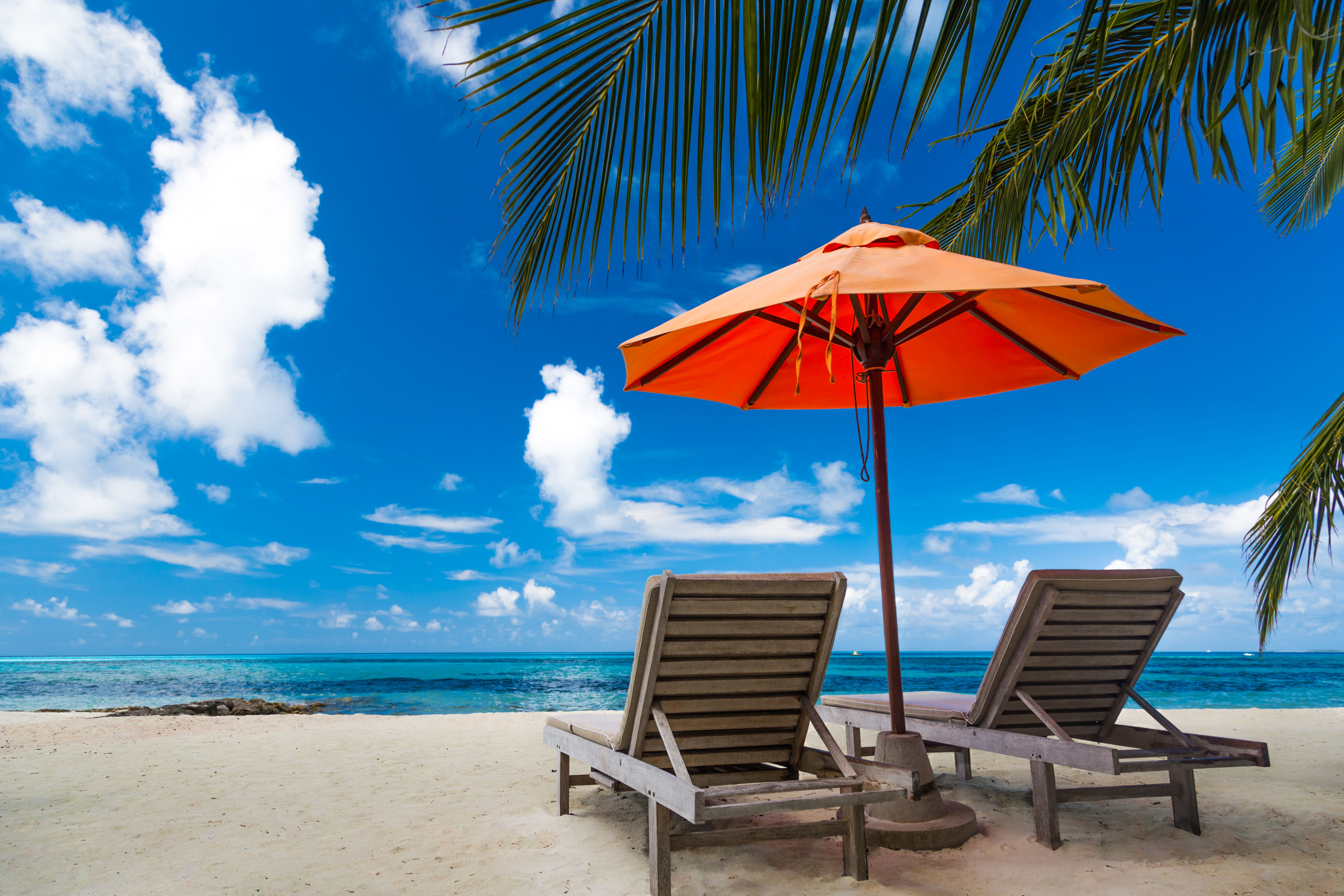 Pozadí nádherné pláže pro letní cestování se sluncem, kokosovou palmou a plážovou dřevěnou postelí na písku s krásným modrým mořem a modrou oblohou.  Letní nálada slunce pláž pozadí konceptu.
