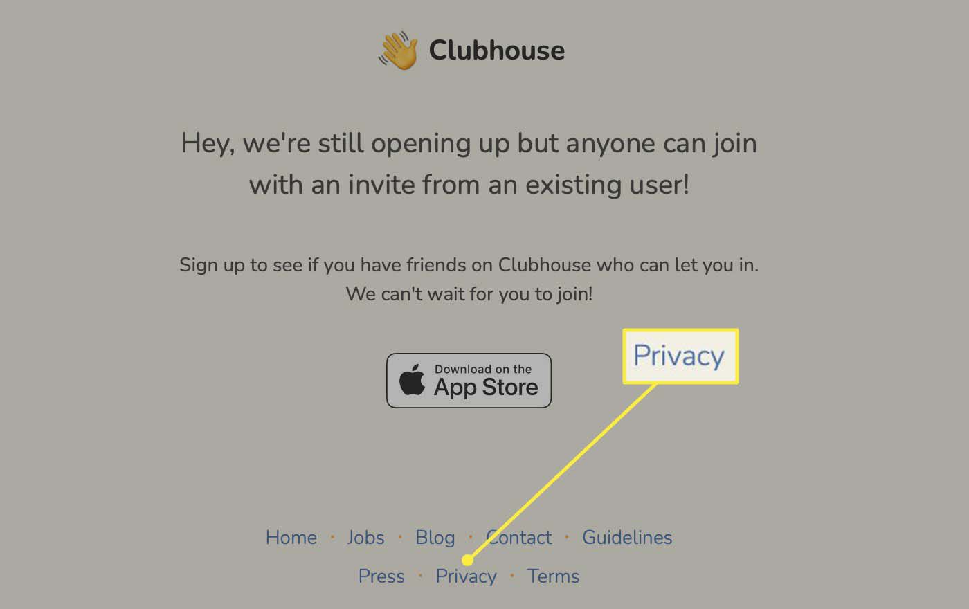 Tlačítko ochrany osobních údajů zvýrazněné ve spodní části stránky Clubhouse.