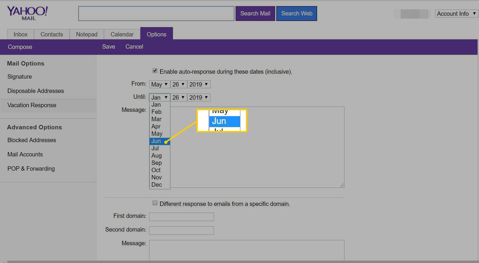 Možnosti kalendáře pro automatickou odpověď Yahoo Mail Basic