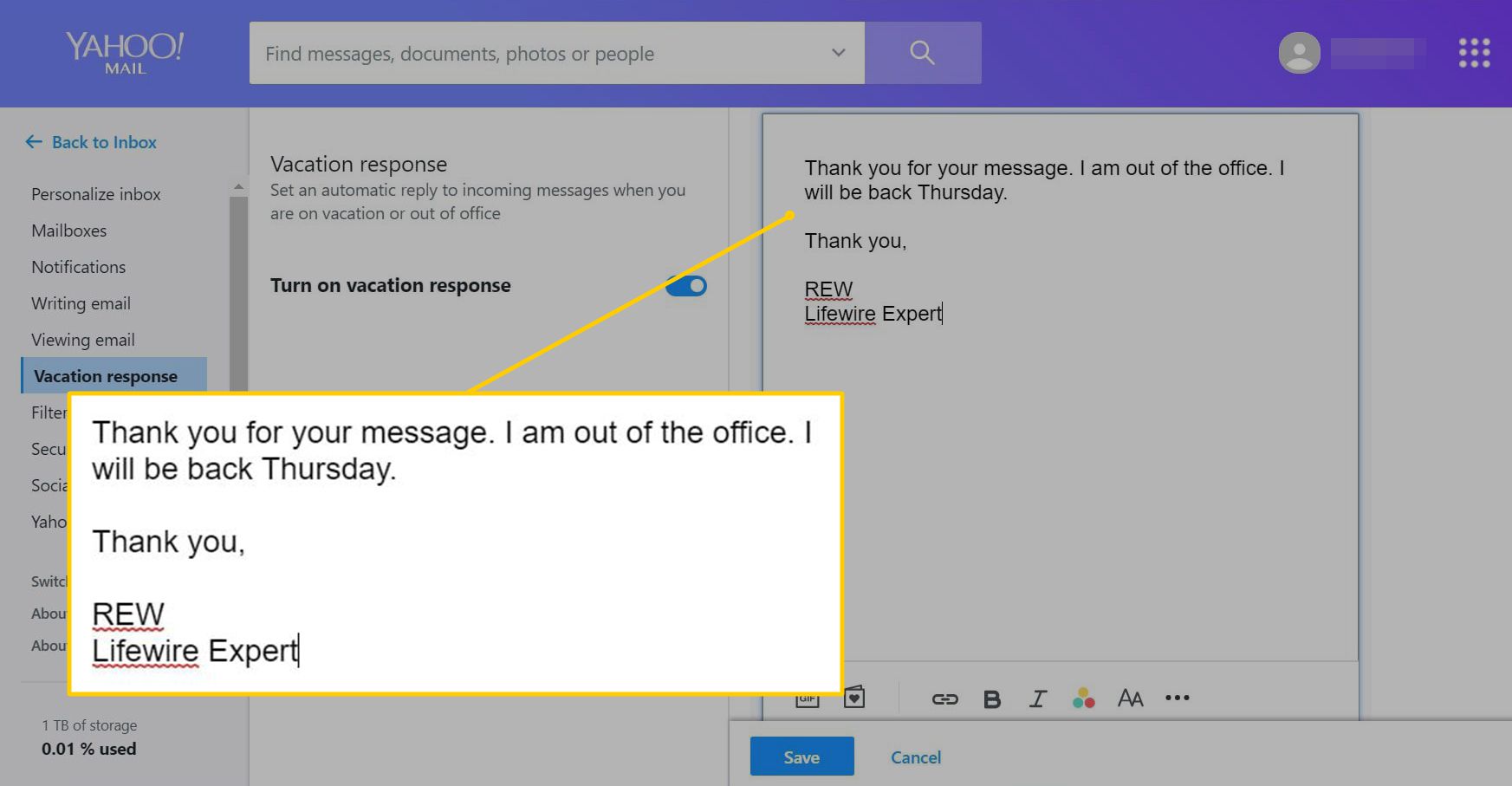 Zpráva s odpovědí v prázdninové odpovědi Yahoo Mail