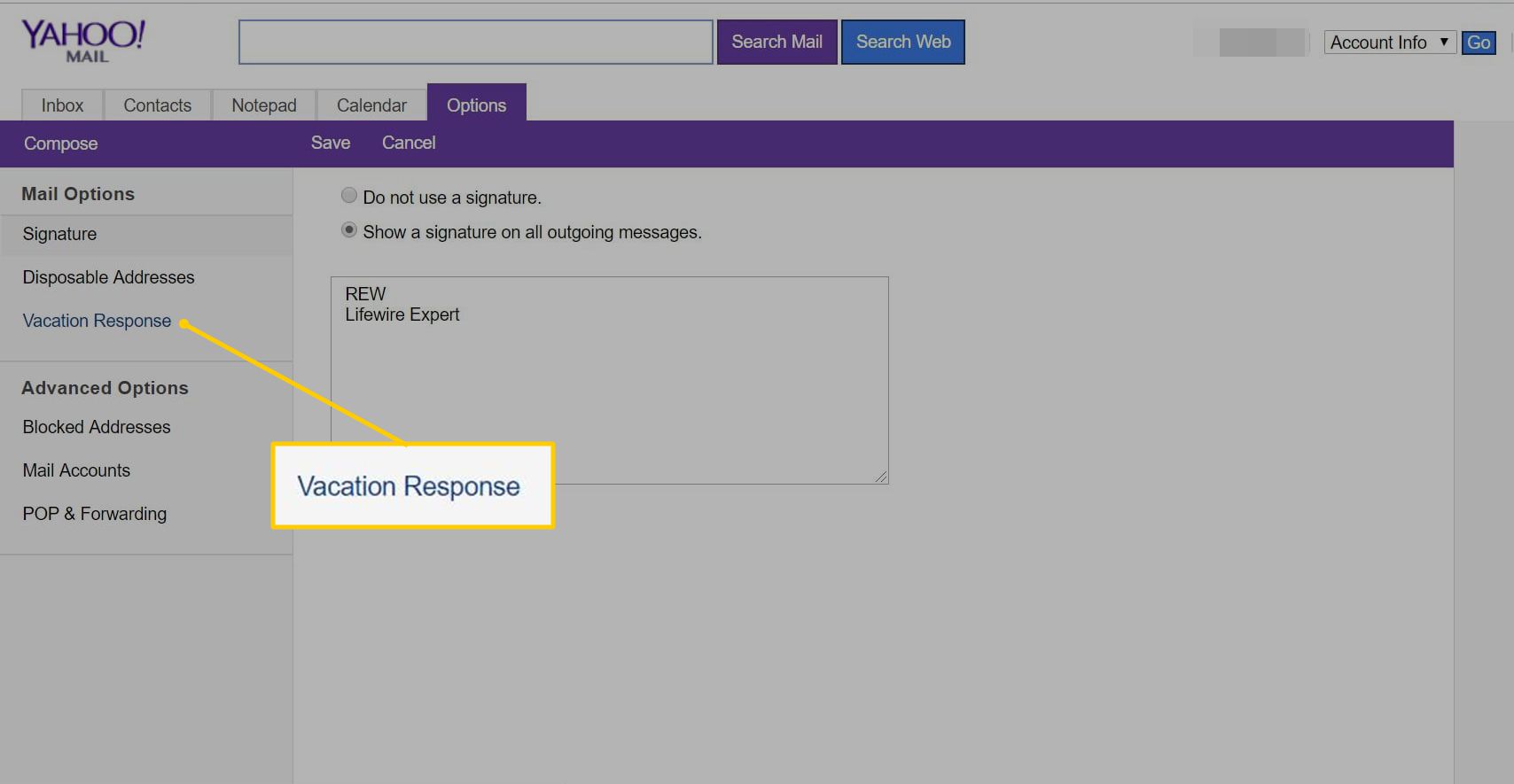 Odkaz na dovolenou v Yahoo Mail Basic