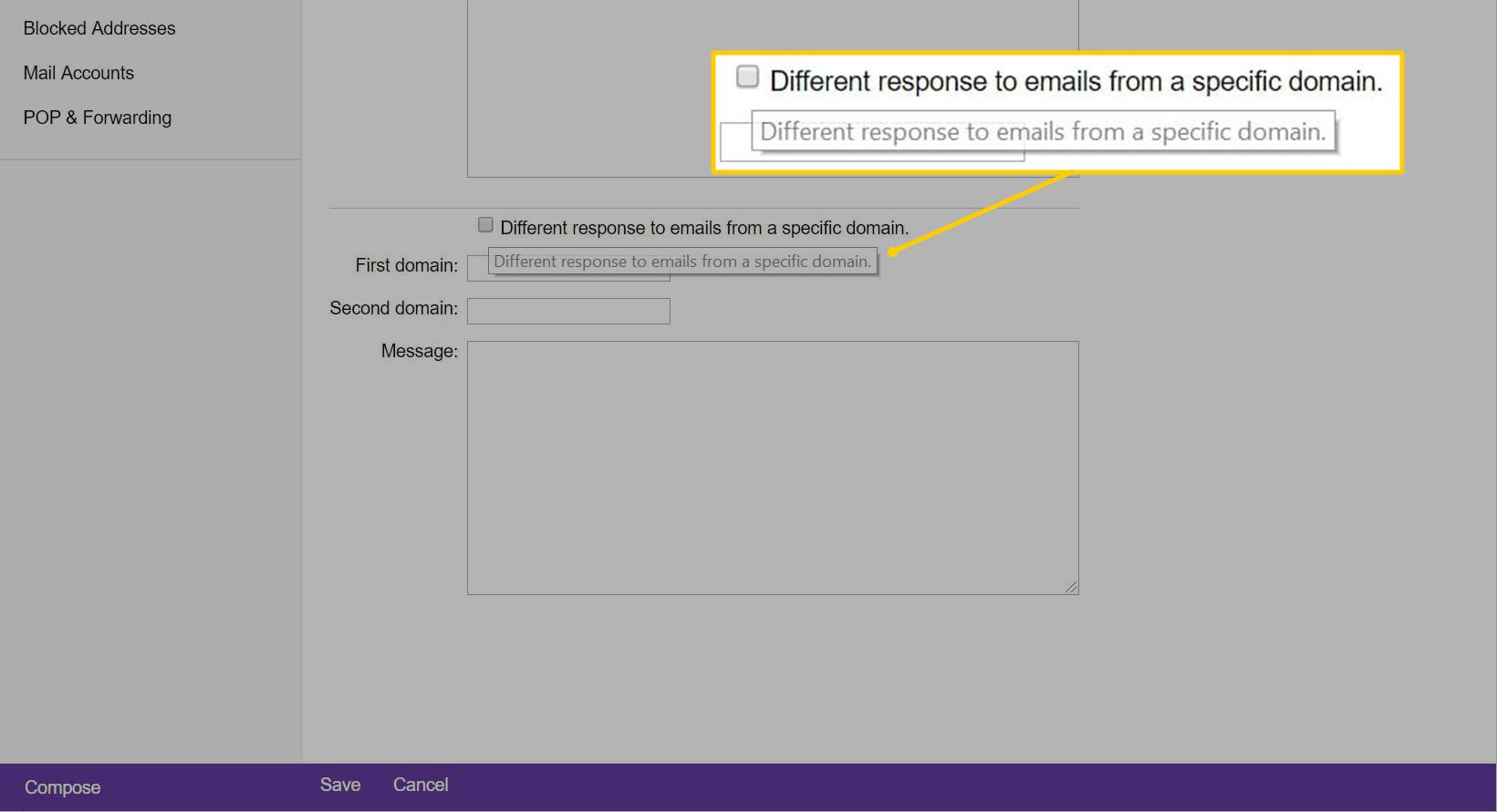 Odlišná odpověď na e-maily z konkrétní domény zaškrtávací políčko v Yahoo Mail Basic