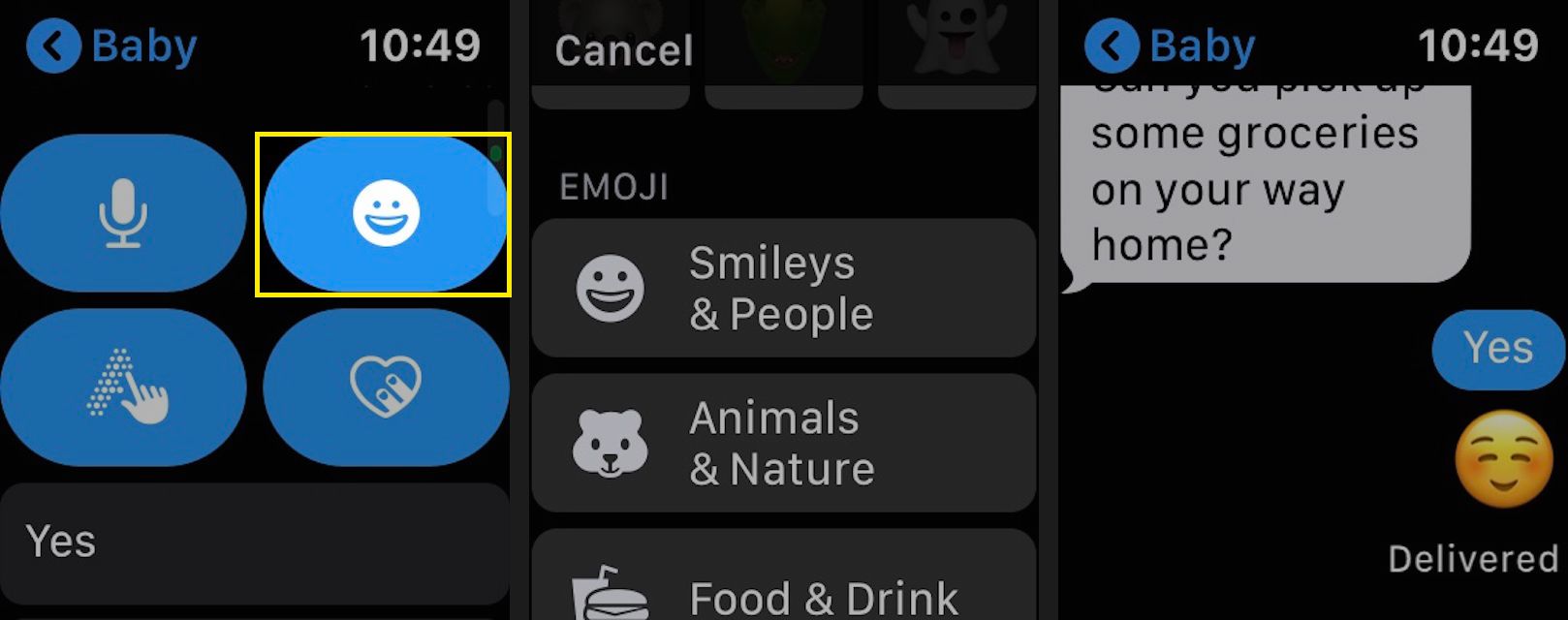 Klepnutím na Emoji odešlete odpověď emodži na Apple Watch