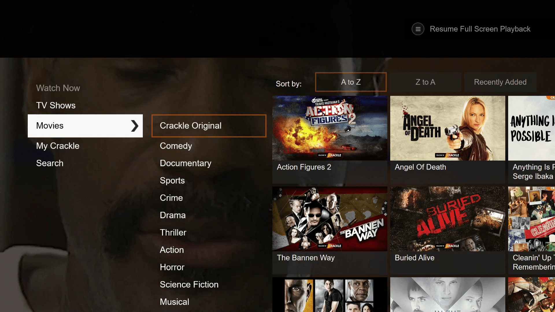 Snímek obrazovky Crackle na konzole Xbox Series X / S.