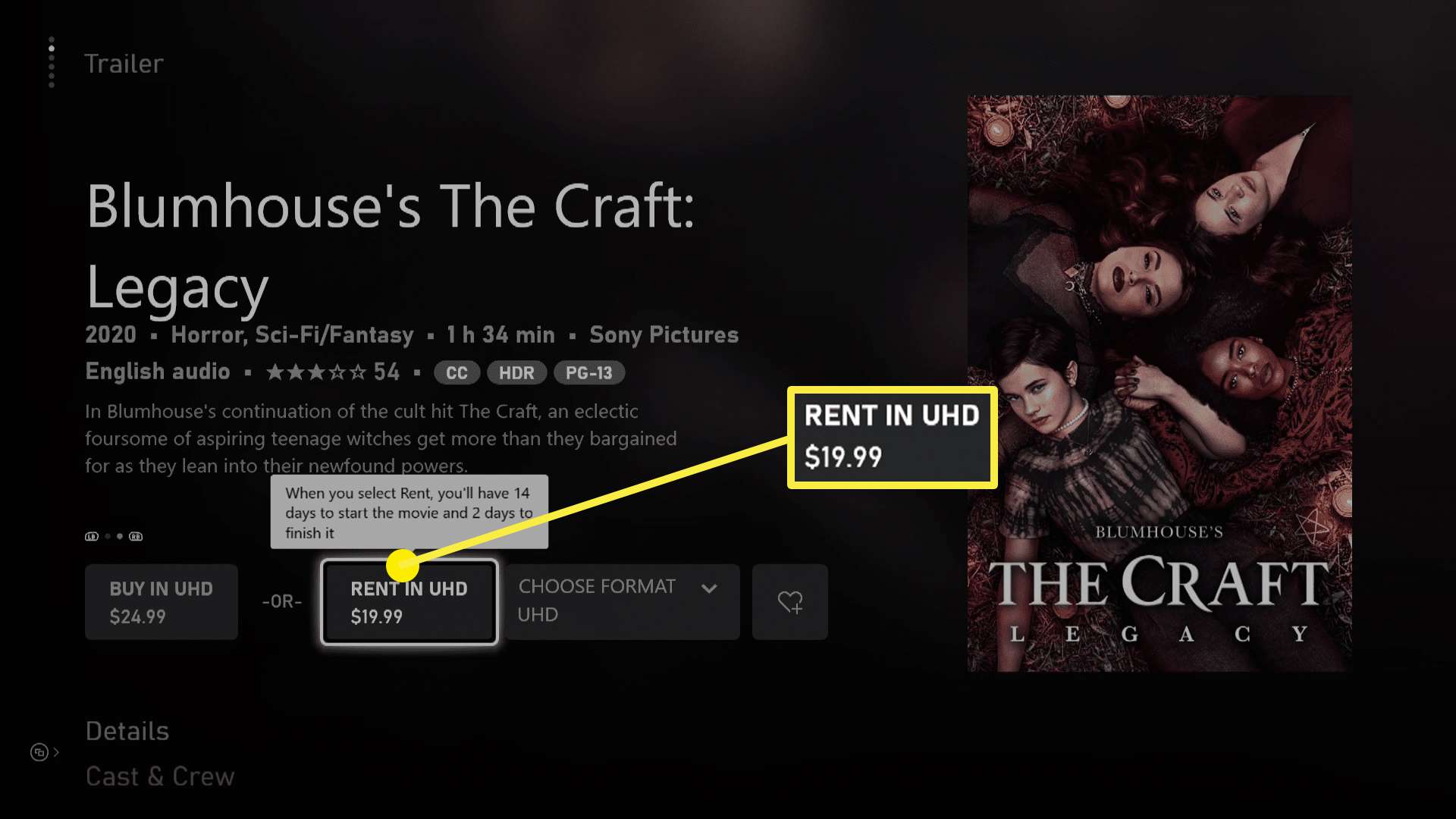 Snímek obrazovky nákupu / pronájmu filmu v obchodě Xbox Series X / S.