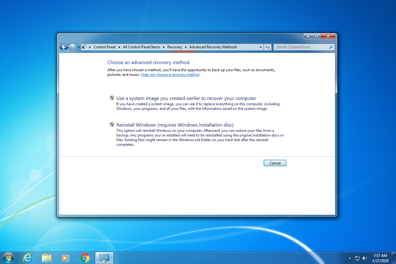 Možnost obnovení obrazu systému Windows 7