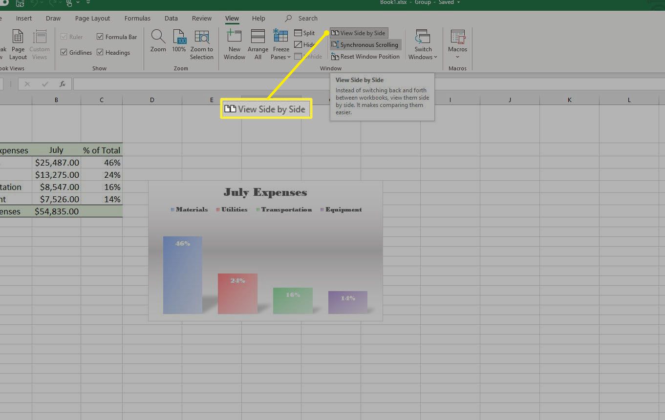 Screenshot obrazovky Zobrazit vedle sebe na kartě Zobrazení v aplikaci Excel