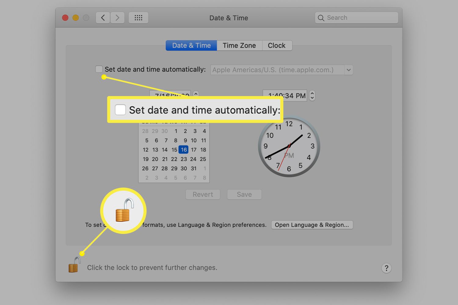 Předvolby data a času pro Mac