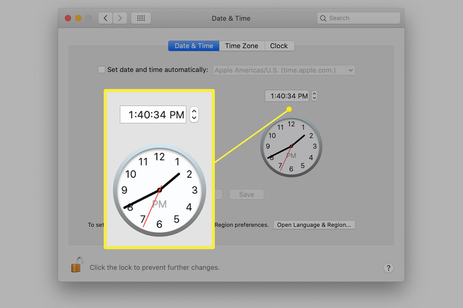 Předvolby data a času pro Mac zobrazující digitální a analogový čas