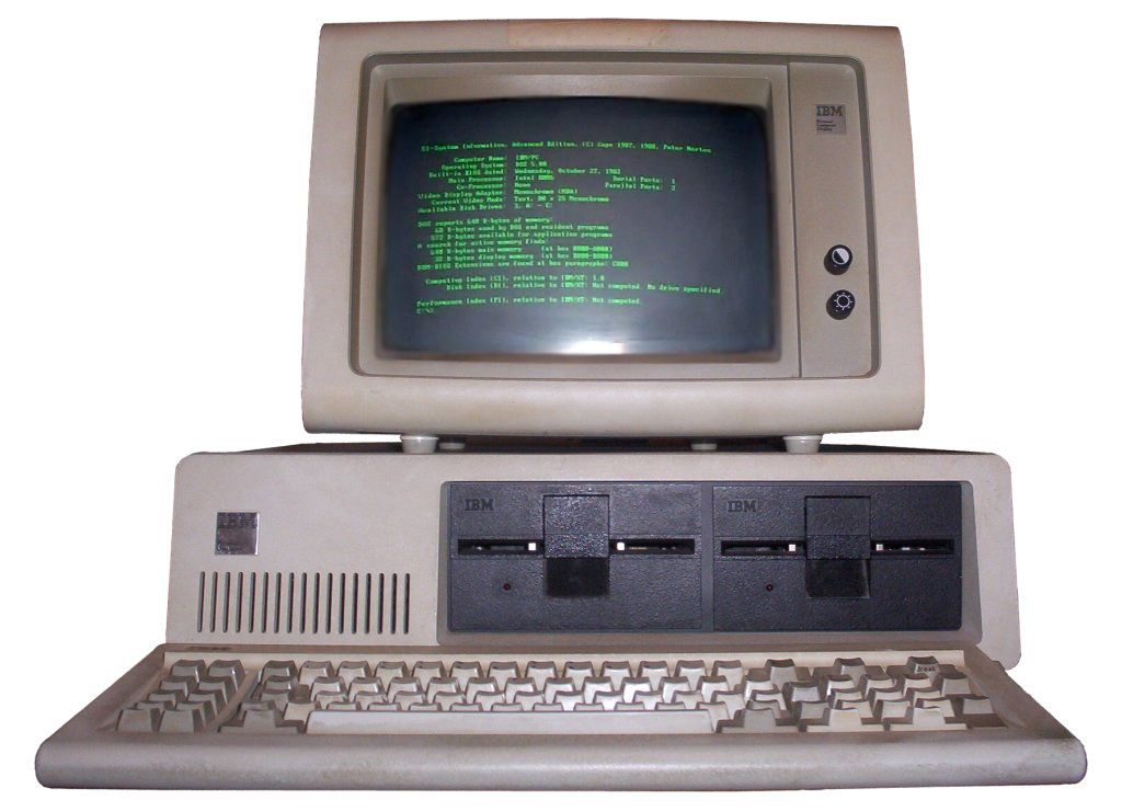 IBM PC 5150 s klávesnicí a zeleným monochromatickým monitorem (5151) se systémem MS-DOS 5.0