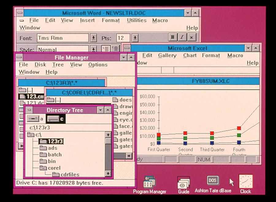 Snímek obrazovky Windows 3.0, Word a Excel